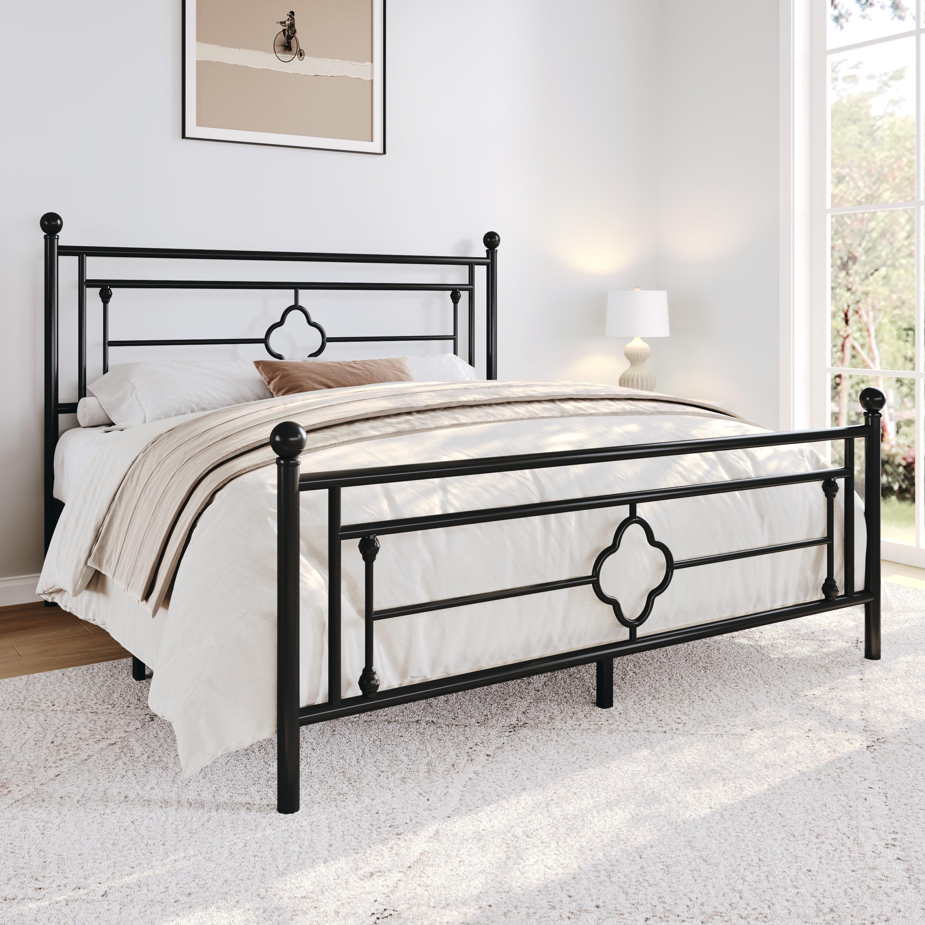 Amolife Full Size Metal Platform Bed Frame with Vintage Cross Pattern Headboard&Footboard, Black