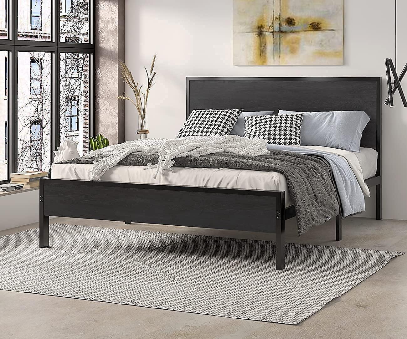 17 Stories 14 Inch Queen Size Metal Platform Bed Frame with Wooden Headboard and Footboard,No Box Spring Needed