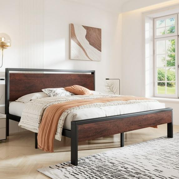 Sha Cerlin King Size Metal Platform Bed Frame with Wooden Headboard & Footboard, Mahogany