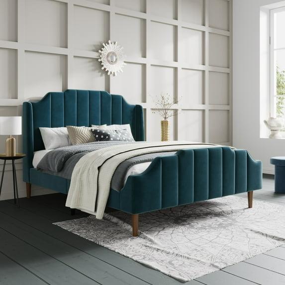 Sha Cerlin Queen Size Platform Bed Frame with Modern Curved Upholstered Wingback Headboard, Blue