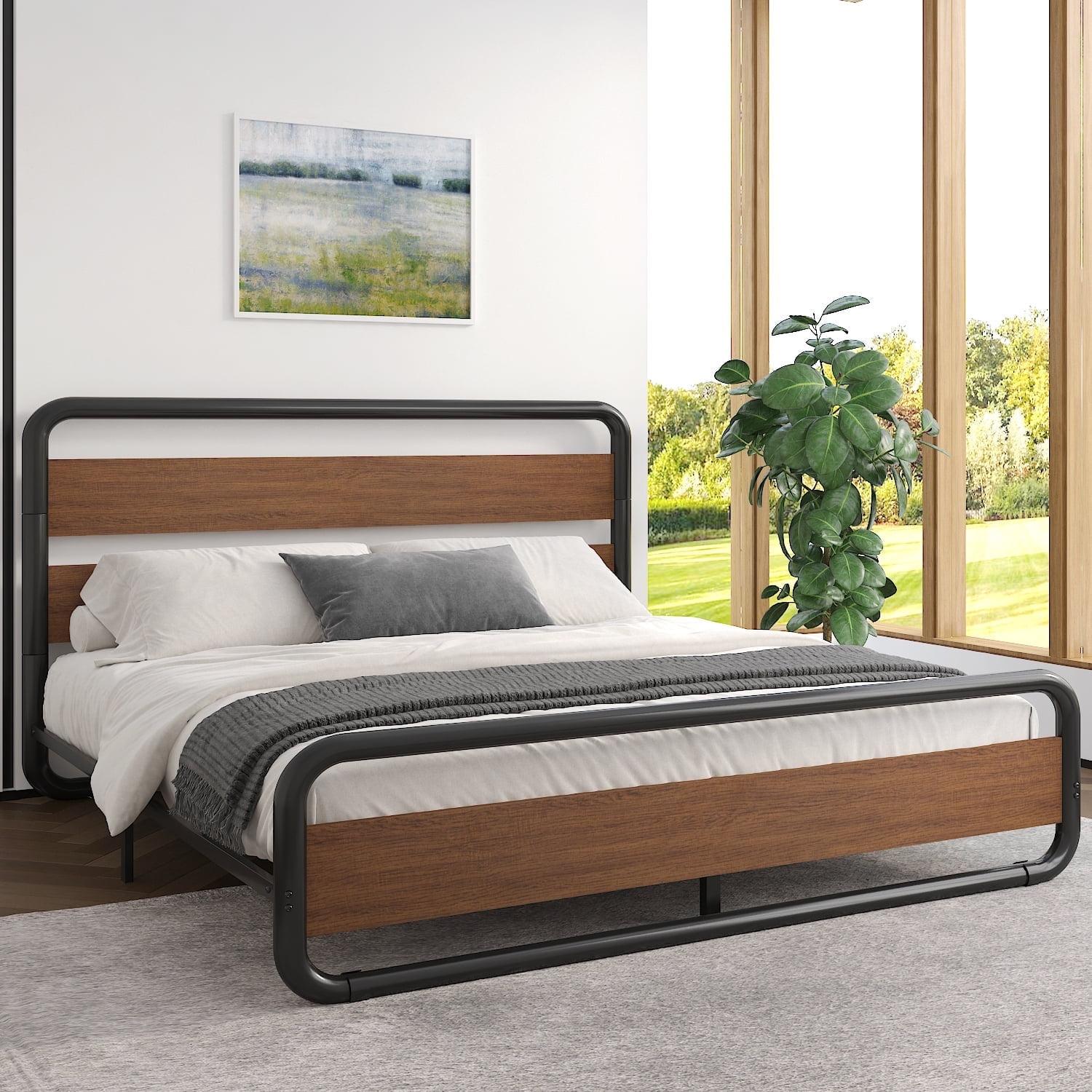 Merrland King Bed Frame with Headboard and Footboard,Heavy Duty Metal Platform Bed,No Box Spring Required,Brown