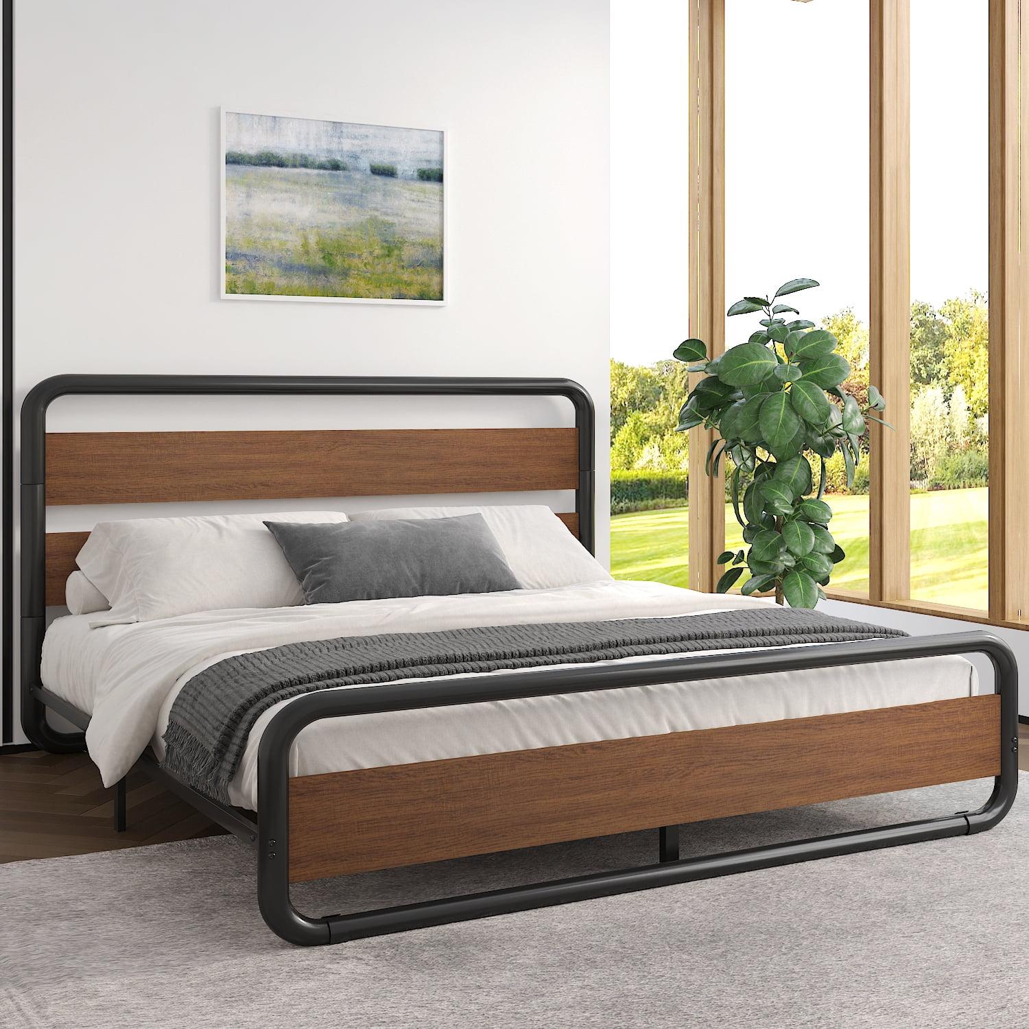 Sha Cerlin Walnut King Size Platform Bed Frame with Wooden Headboard & Underbed Storage, Adult