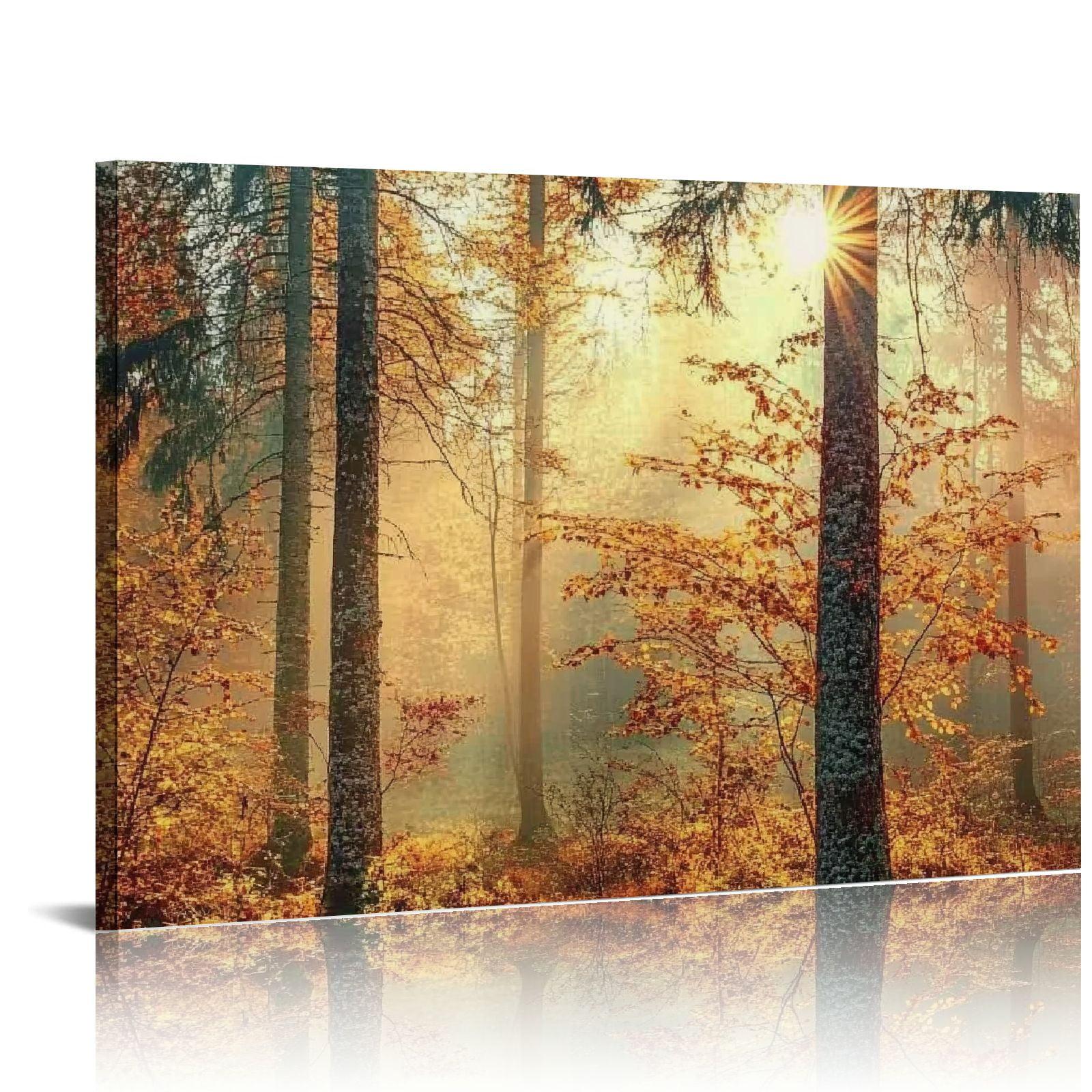 Shadudu Mystery Forest Light Wall Art, Nature Landscape Pictures Canvas Prints Wall Decor, Autumn Trees Paintings Hang for Office Bedroom, Bathroom, Living Room for Home Decoration 36x24in