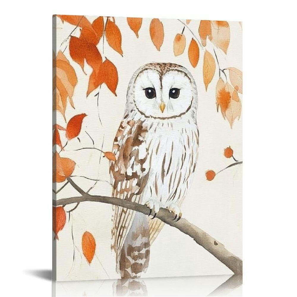 Shadudu Owl in Autumn Forest Animal Watercolor Painting Canvas Wall Art, 20x16-inch 16x20 in