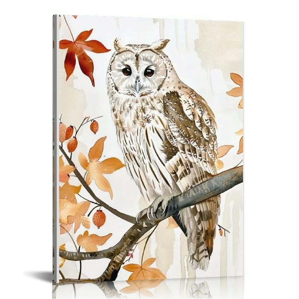 Shadudu Owl in Autumn Forest Animal Watercolor Painting Canvas Wall Art, 20x16-inch 16x20 in