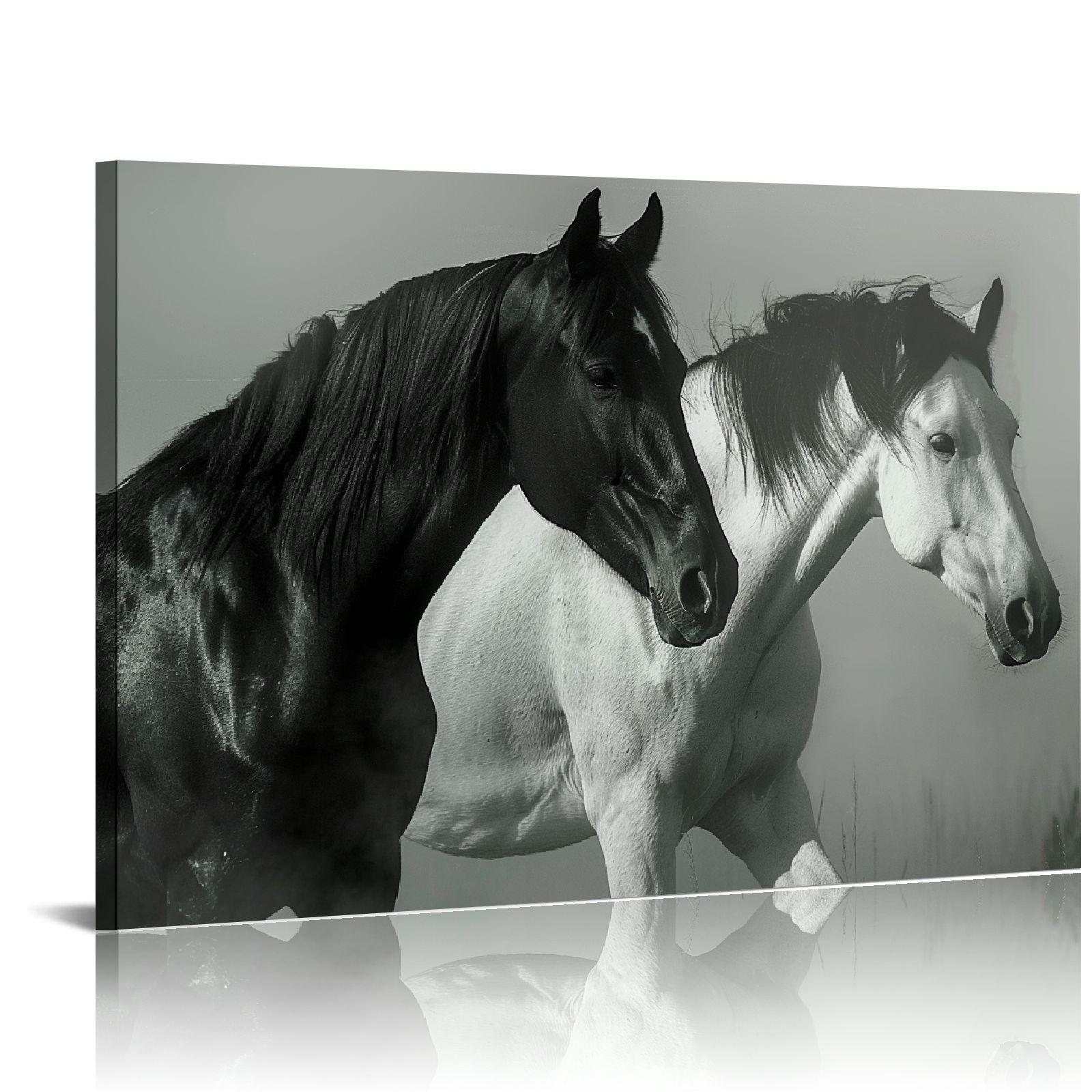 Shadudu Wild Horses Canvas Wall Art - Black White Horse Racing Picture Two Vintage Animals Artwork Print Painting for Home Office Bedrooms 36x24in