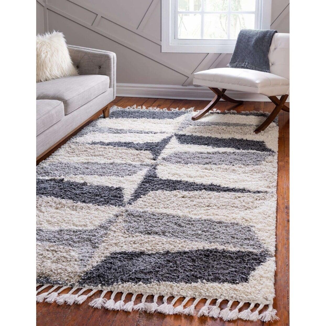 Unique Loom Hygge Shag Collection Area Rug - Balanced (4' 1" x 6' 1" Rectangle Gray/Ivory)