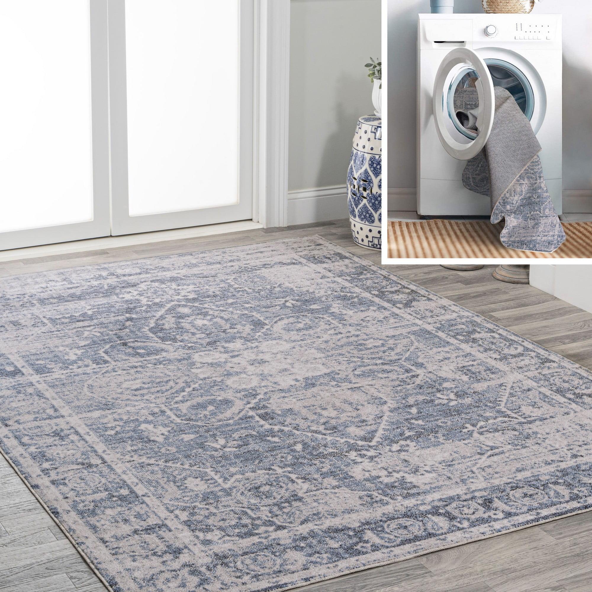 Shaii Global Blue and Light Gray Washable Medallion Rug