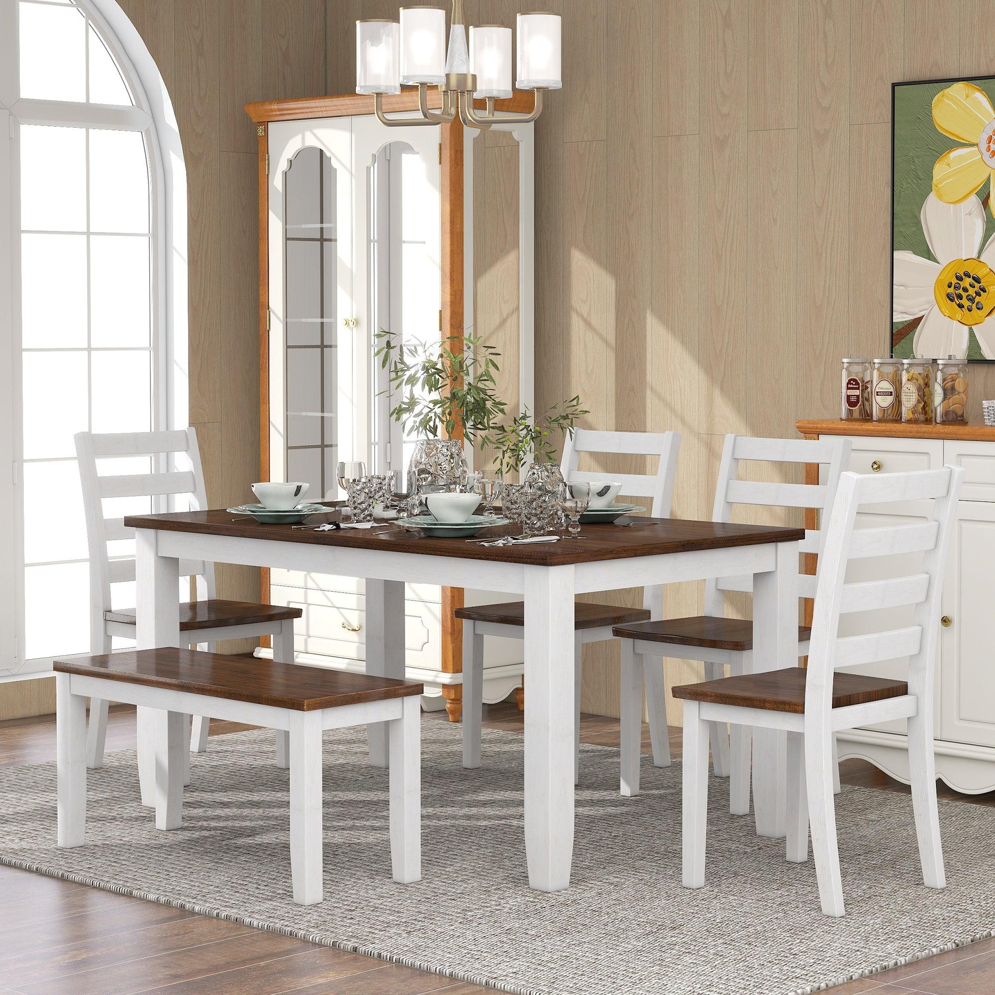 Walnut and White 6-Piece Dining Set with Bench