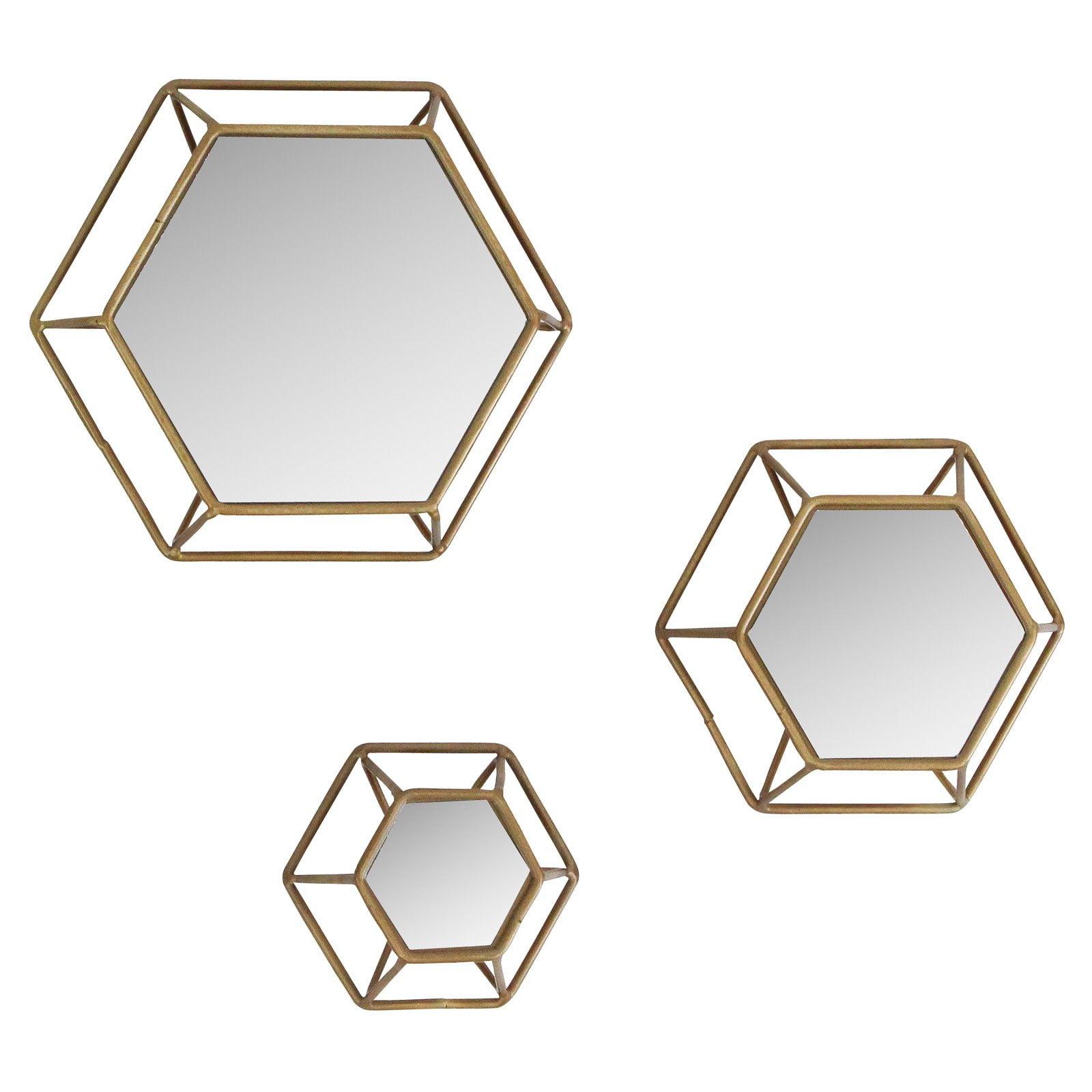 Antique Brass Hexagonal 3D Wall Mirror Set of 3