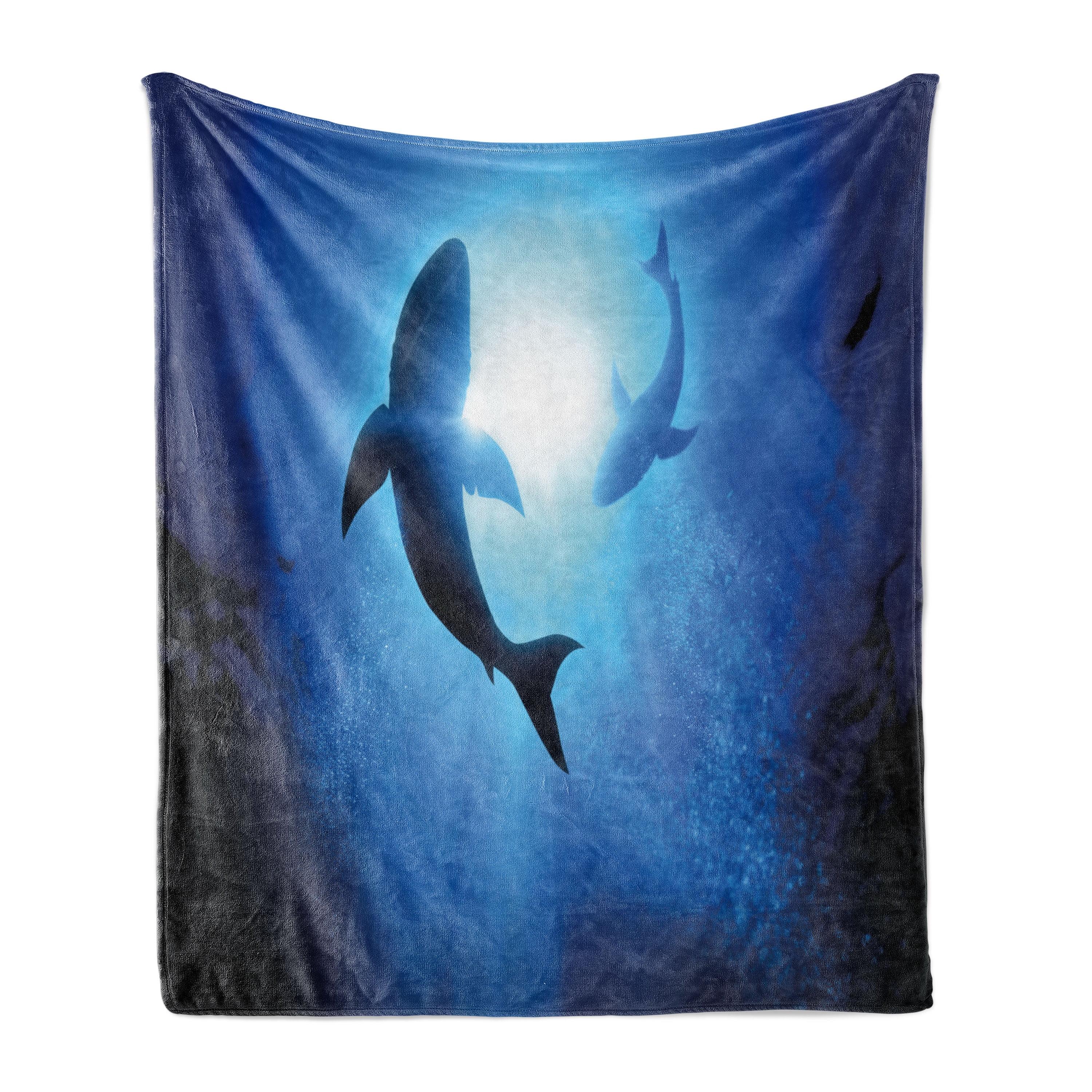 Royal Blue Shark Fleece Throw Blanket with Ocean Print