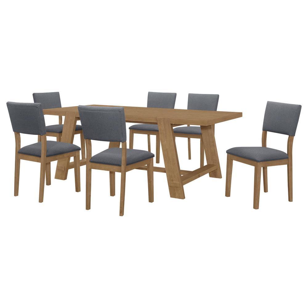 Brown Rectangular Trestle Dining Table Set with Blue Chairs