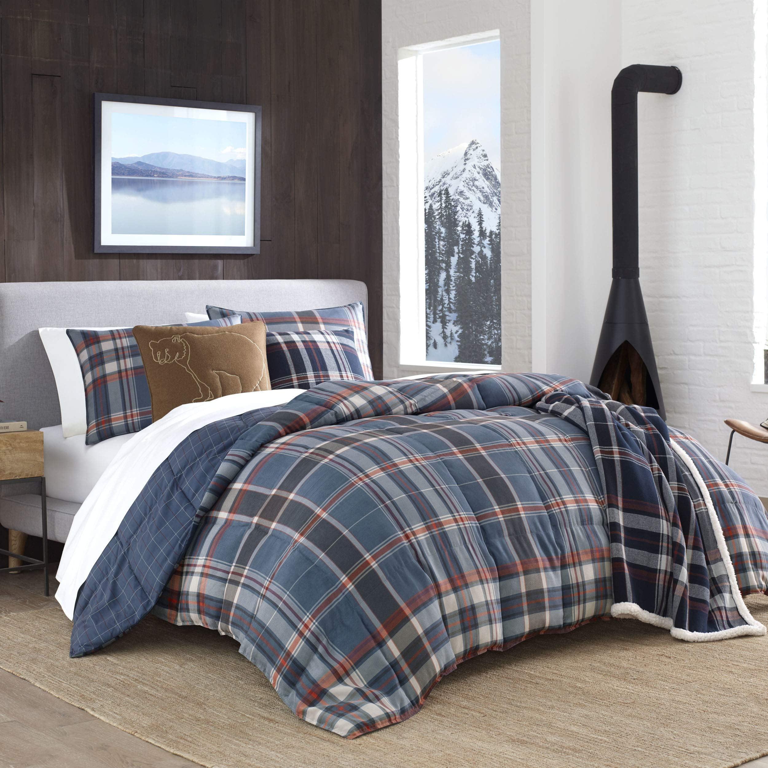 Navy Plaid Microfiber Down Alternative Full Bedspread Set