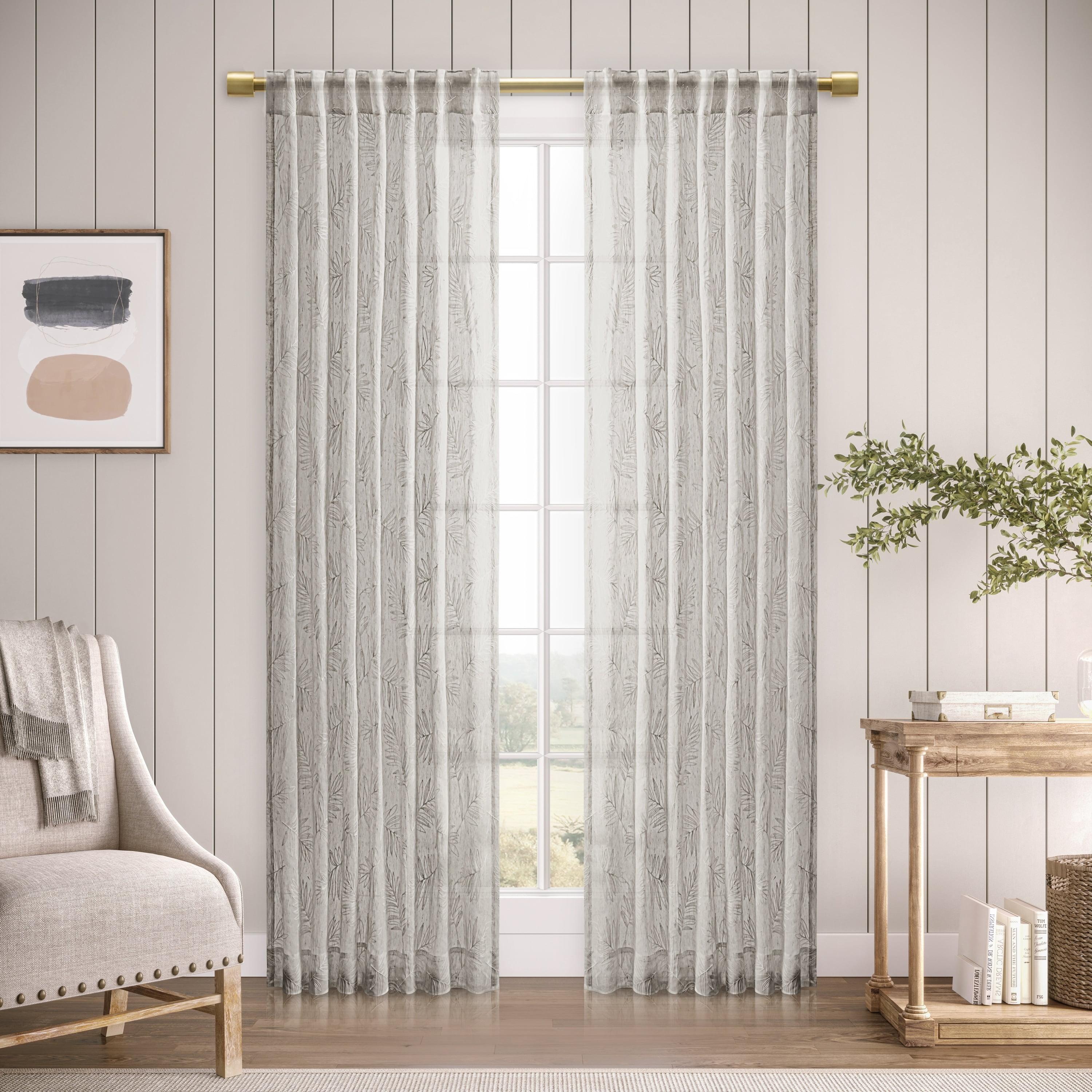 Gray Sheer Leaf Embroidered Rod Pocket Curtain Panel