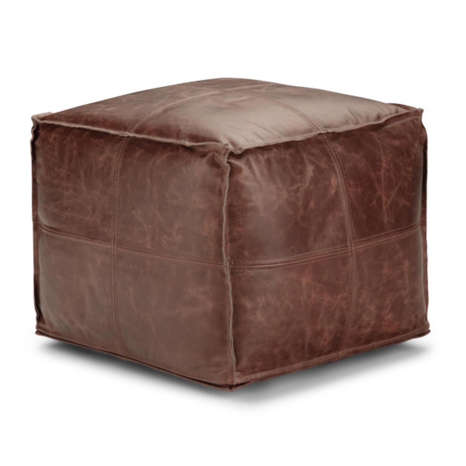 Sheffield Distressed Brown Genuine Leather Square Pouf