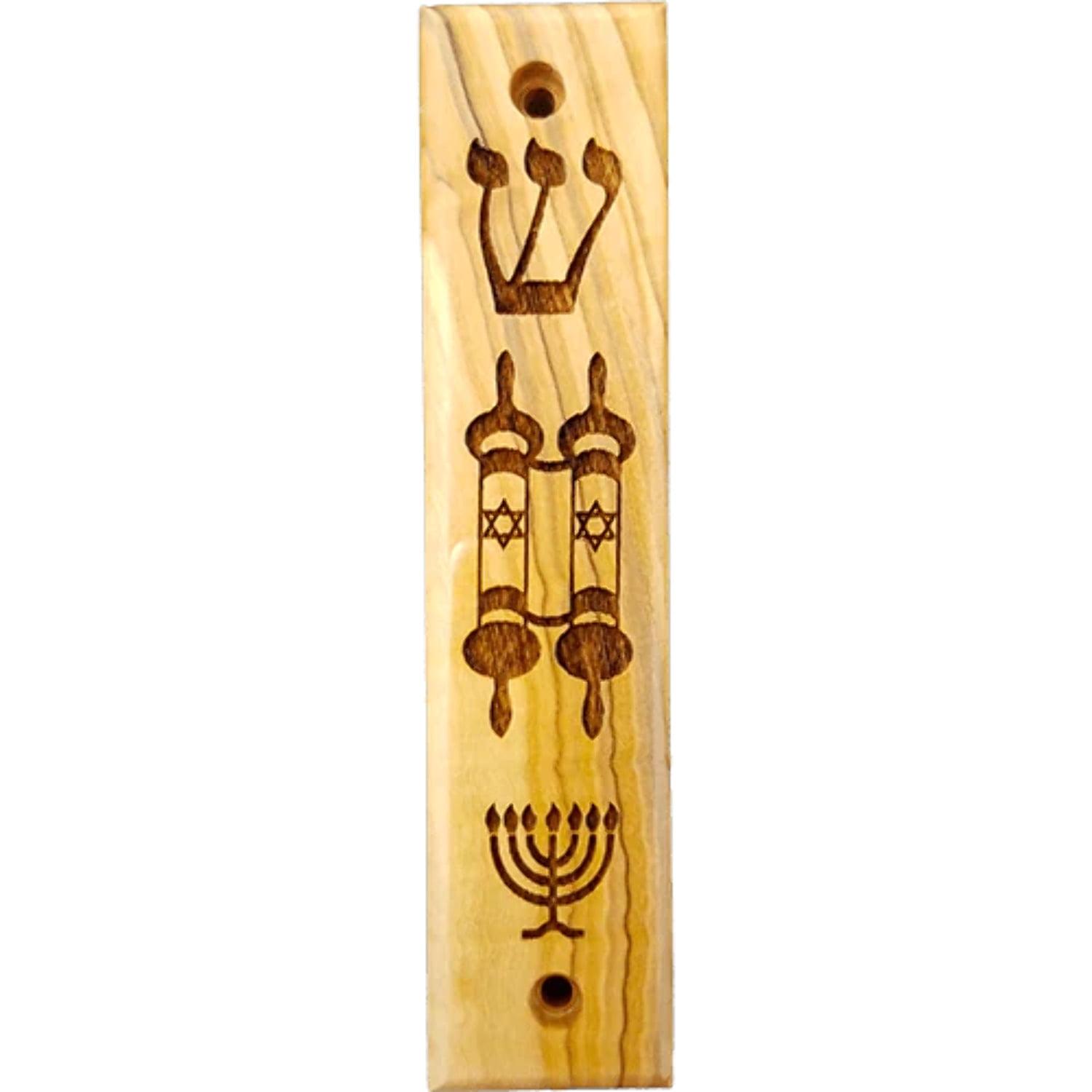 Handcrafted Olive Wood Mezuzah with Shema and Menorah