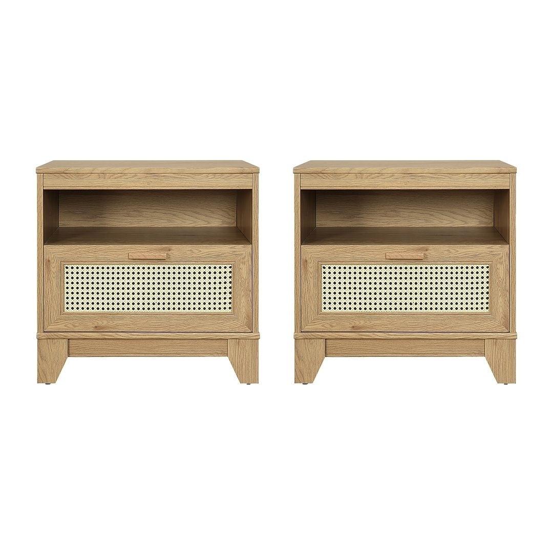 Sheridan Natural Cane and Wood Nightstand Set with Drawer