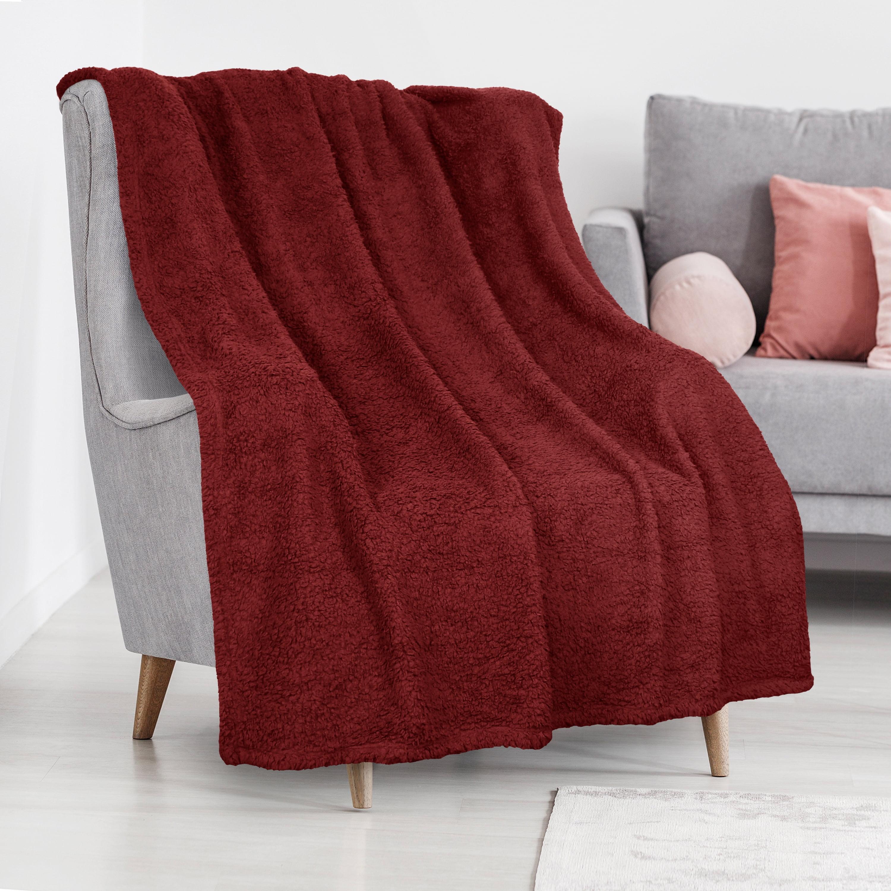 Deep Red Plush Knit Reversible Throw Blanket