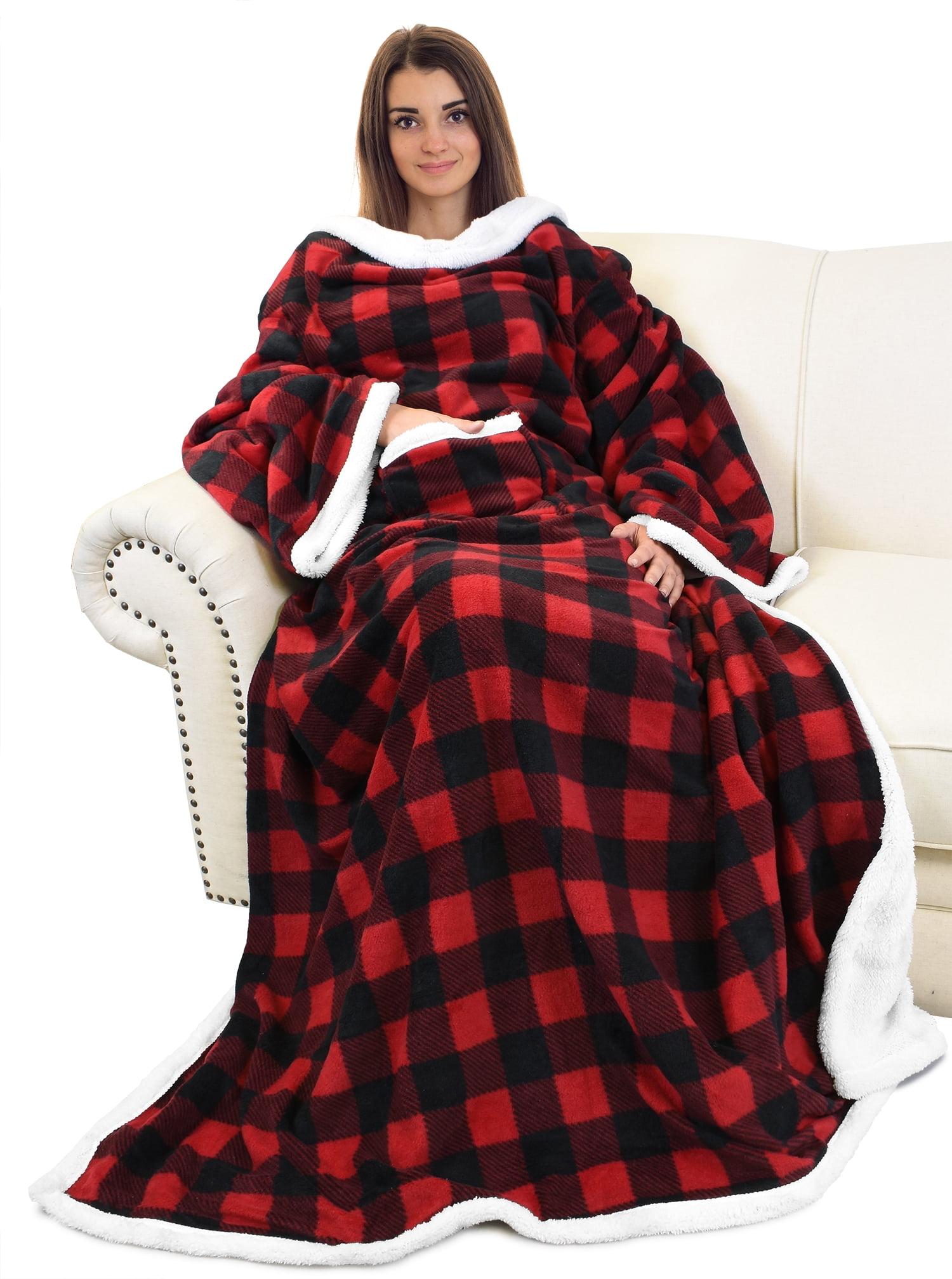 Catalonia High Pile Fleece Wearable Blanket with Sleeves Arms, Comfy Sleeved TV Wrap Blanket, Large Snuggly Throw for Adults