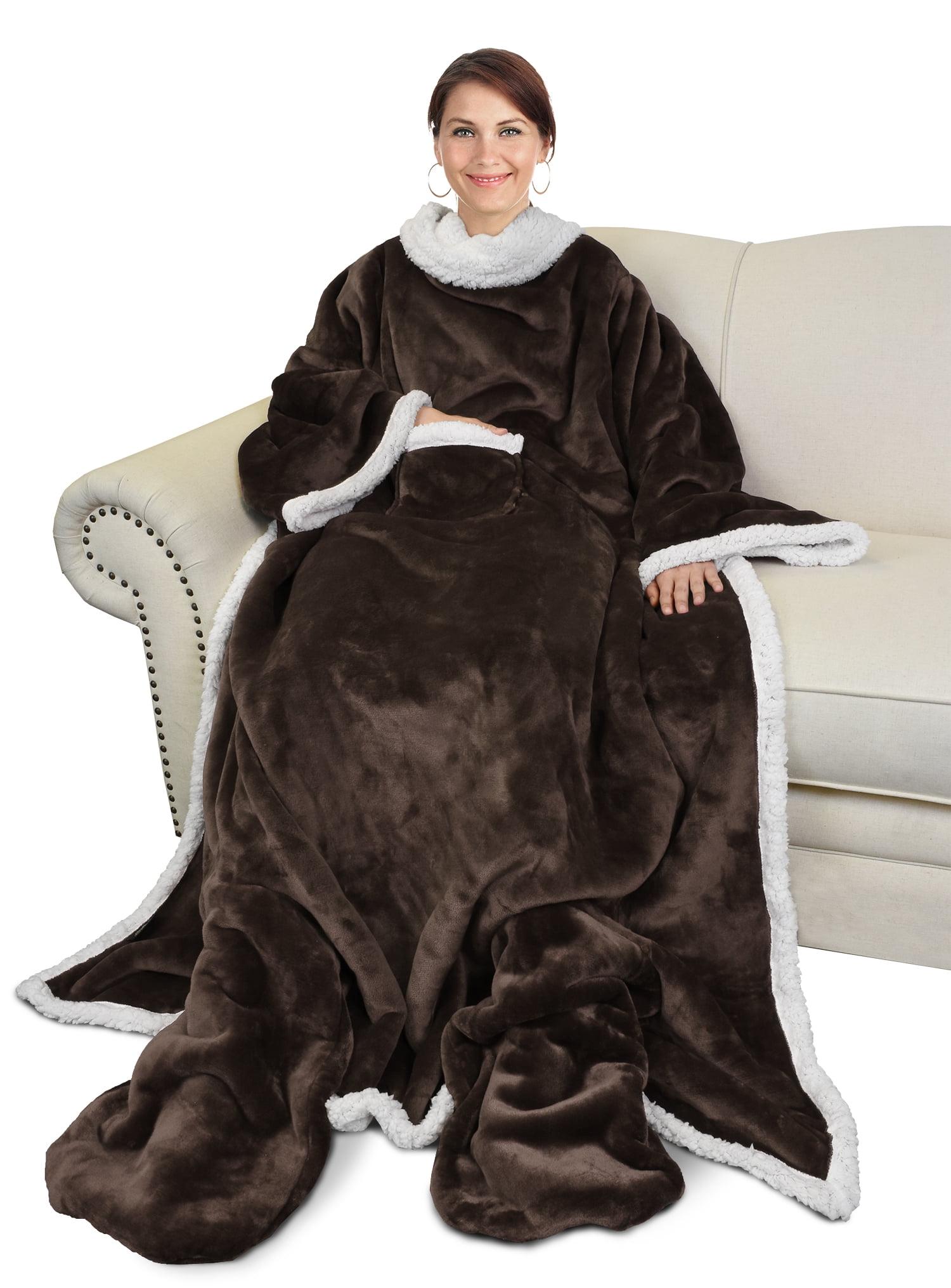 Brown Sherpa Fleece Wearable Blanket with Sleeves and Foot Pockets