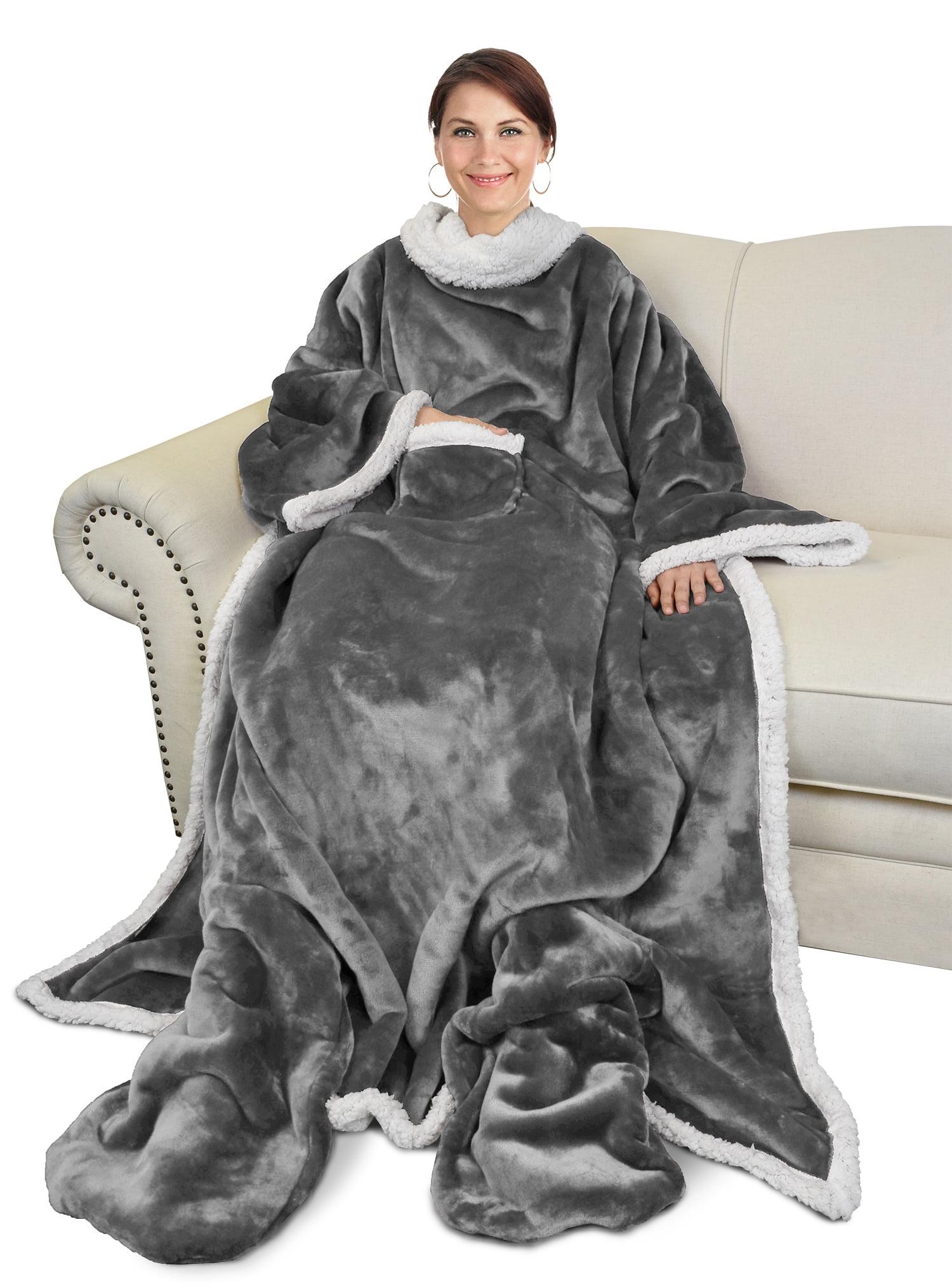 Catalonia Fleece Wearable Blanket with Sleeves & Foot Pockets for Adult, Comfy Snuggle Wrap Sleeved Throw Blanket Robe, Gift for Her Him