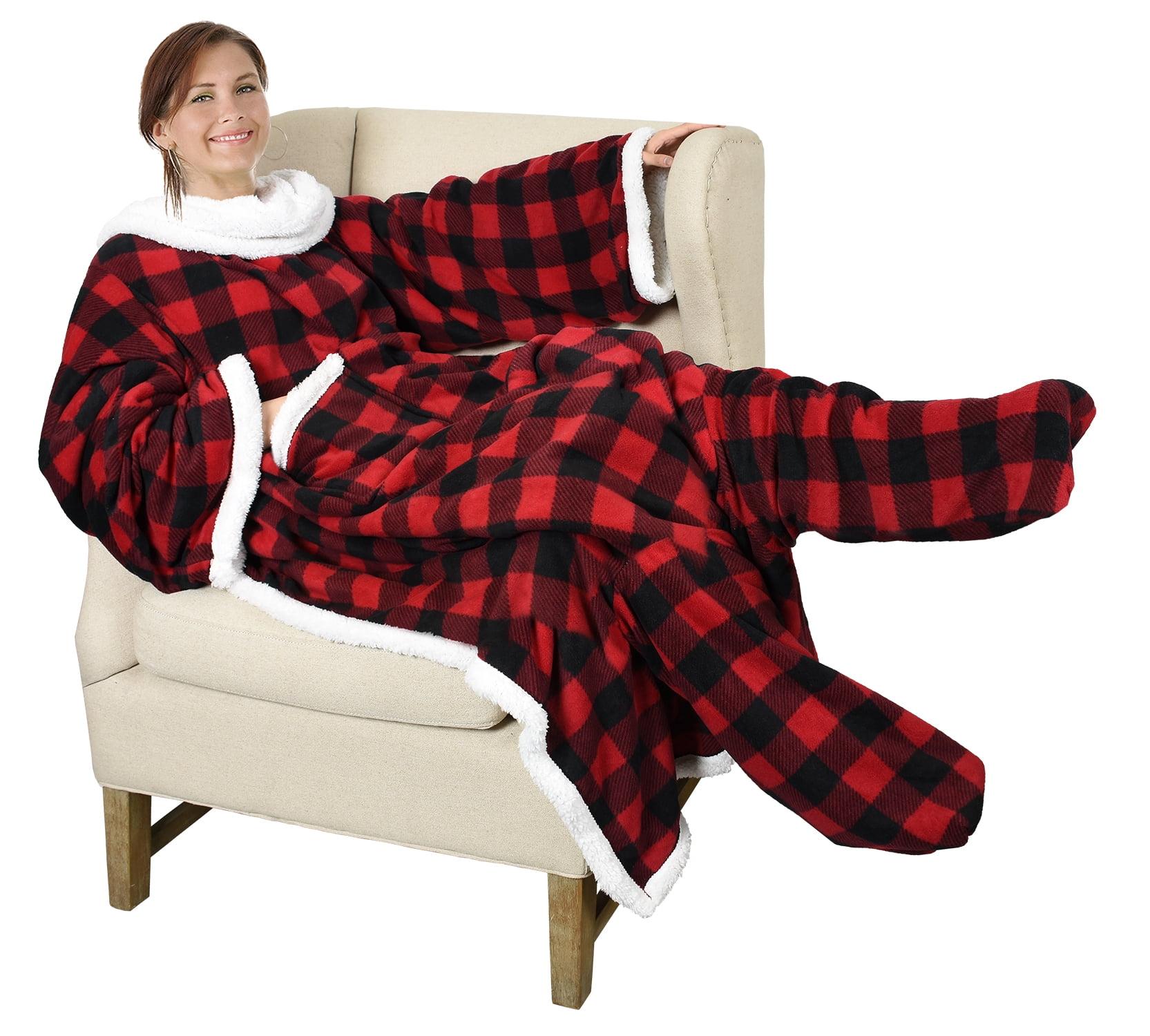 Red Checker Sherpa Fleece Wearable Blanket with Sleeves and Foot Pockets