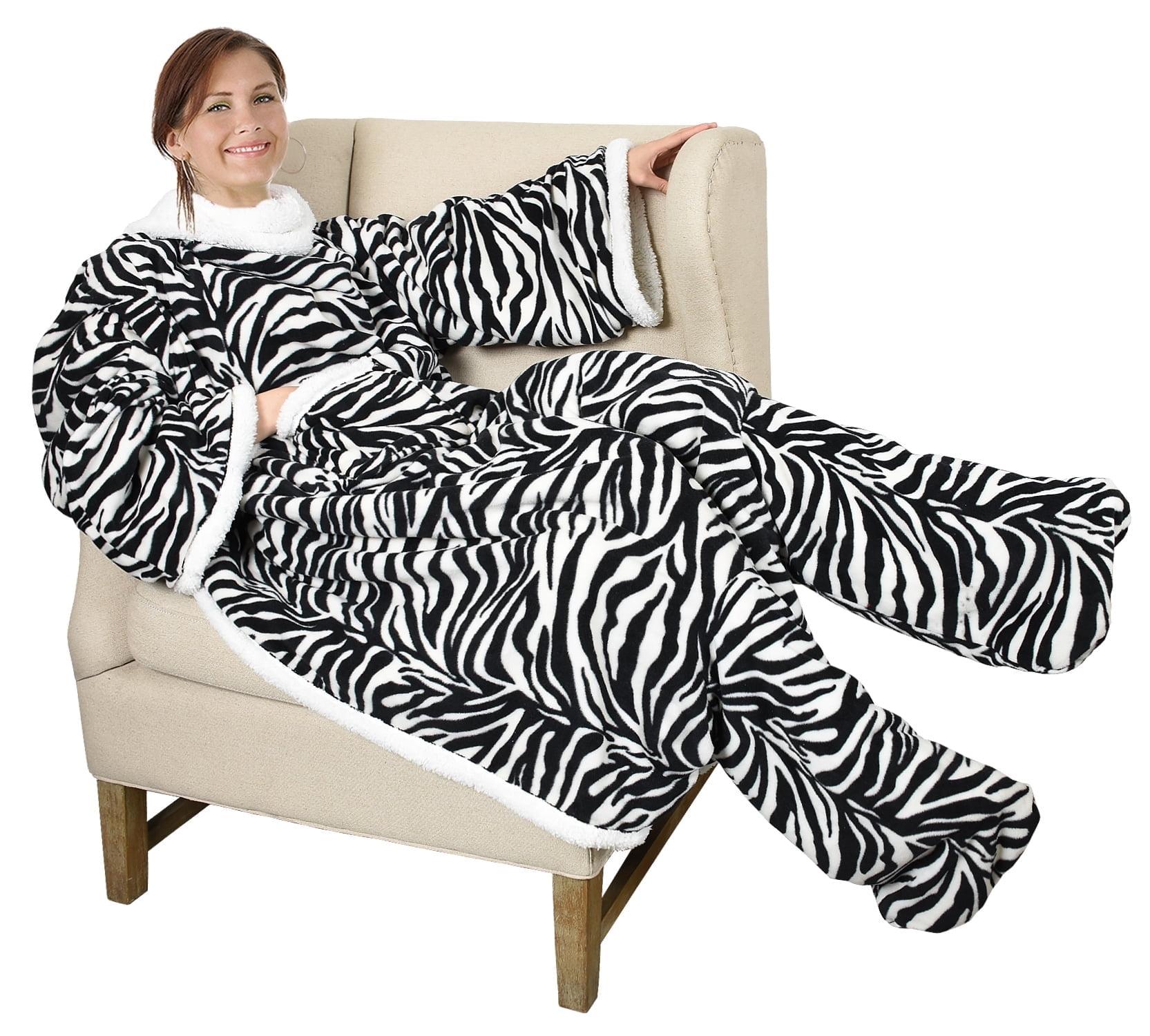 Zebra Print Fleece Sherpa Wearable Blanket with Sleeves