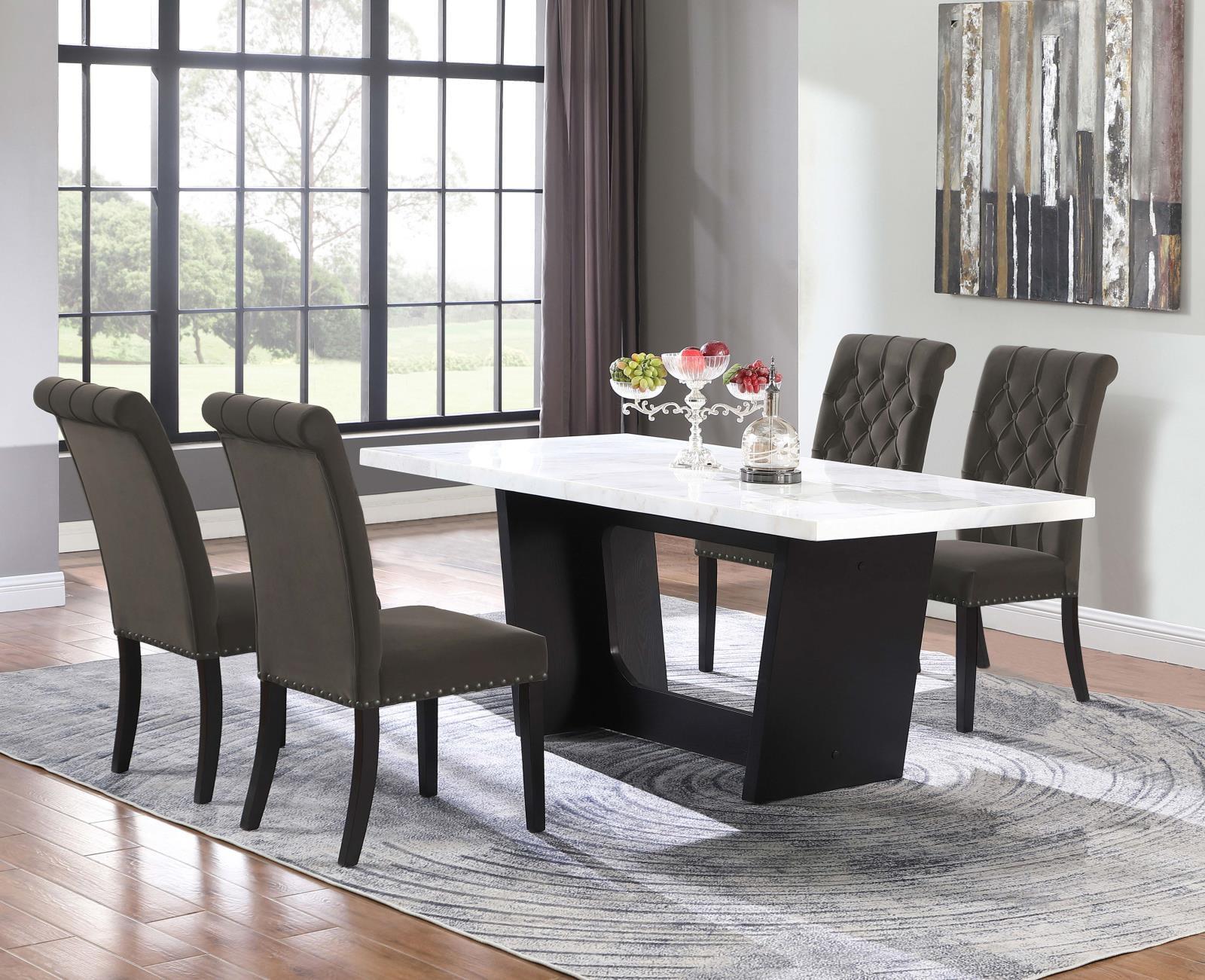 Sherry 5-Piece White Marble Top Dining Set with Brown Velvet Chairs