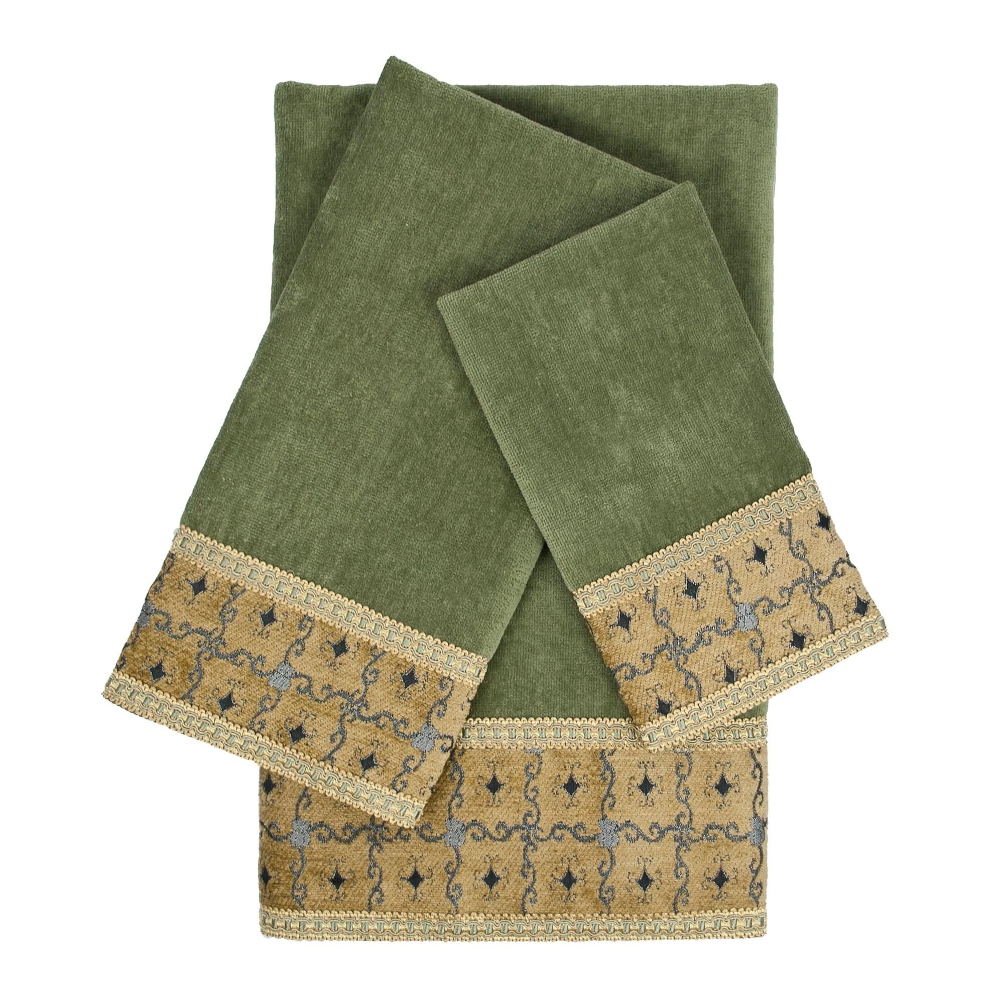 Sage Green Cotton Velour 3-Piece Embellished Towel Set