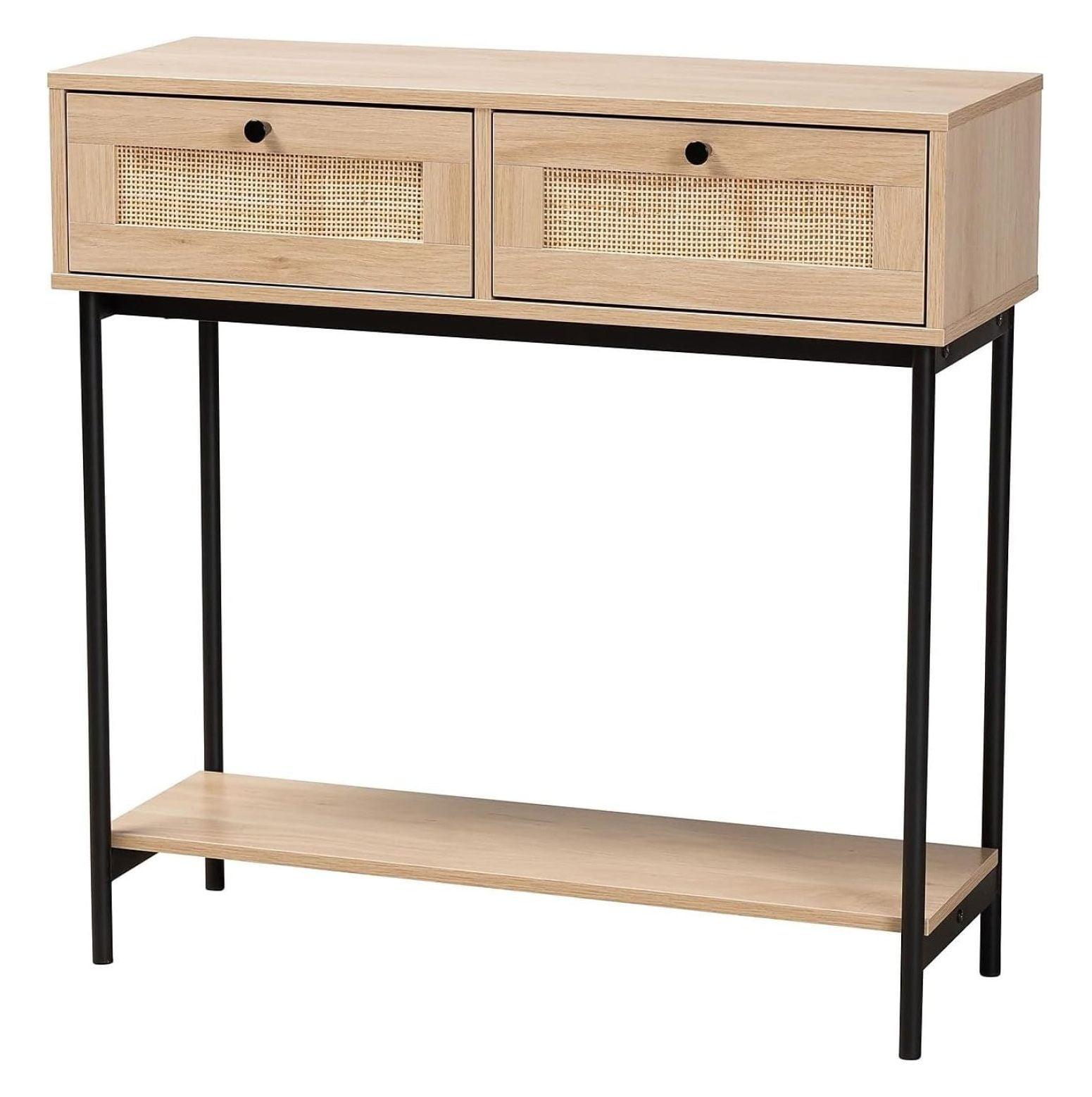 Sherwin 2 Drawer Console Table with Woven Rattan Accent Light Brown/Black - Baxton Studio: Entryway Storage, Studio McGee Style