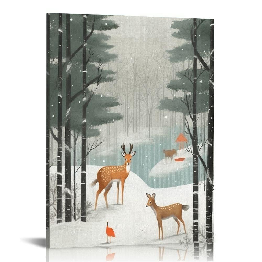 Shiartex  Winter Season Forest Animals Fox Deer Squirrel,Canvas Wall Art,16x20 in/12x16 in, Off- White