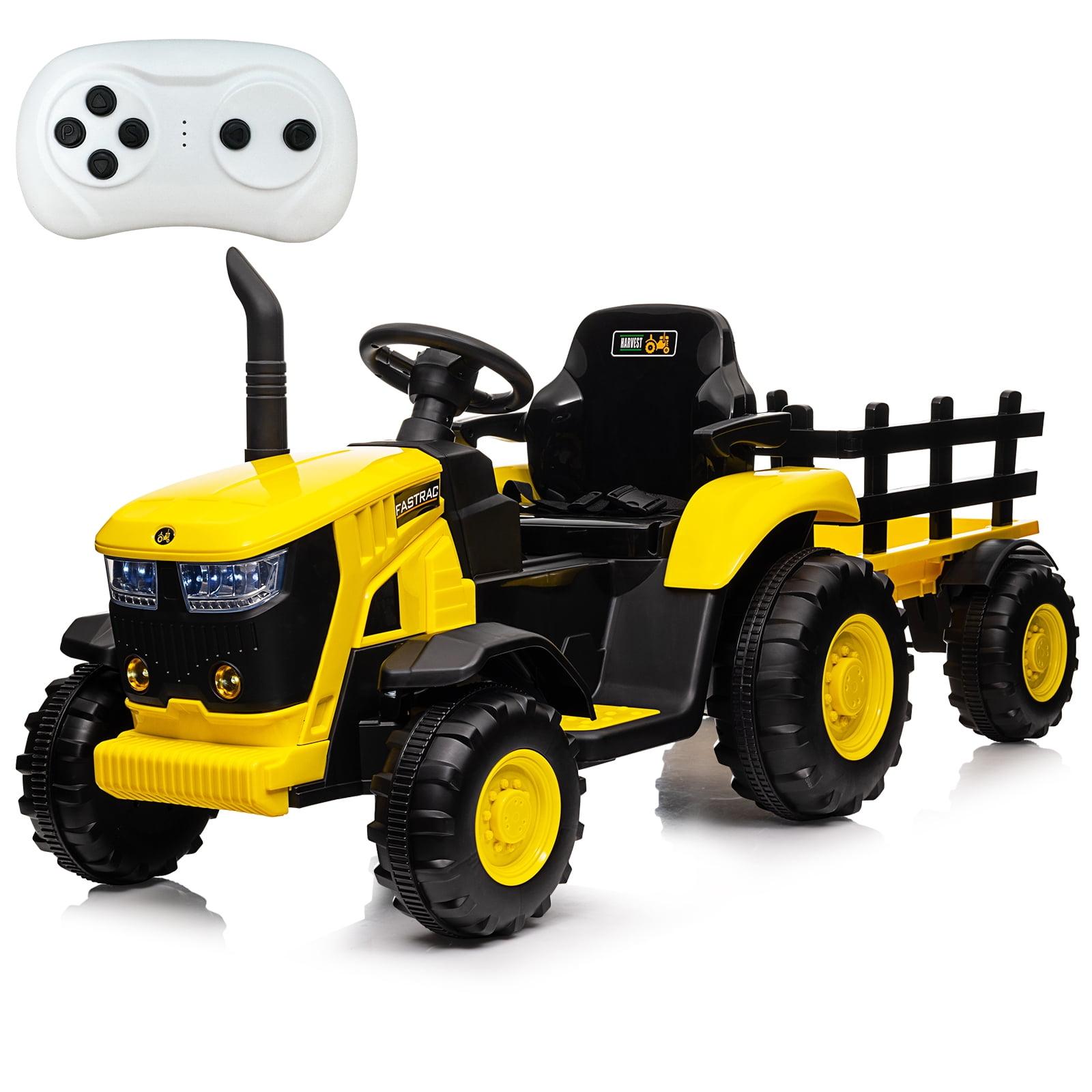 Yellow 12V Ride-On Tractor with Trailer and LED Lights