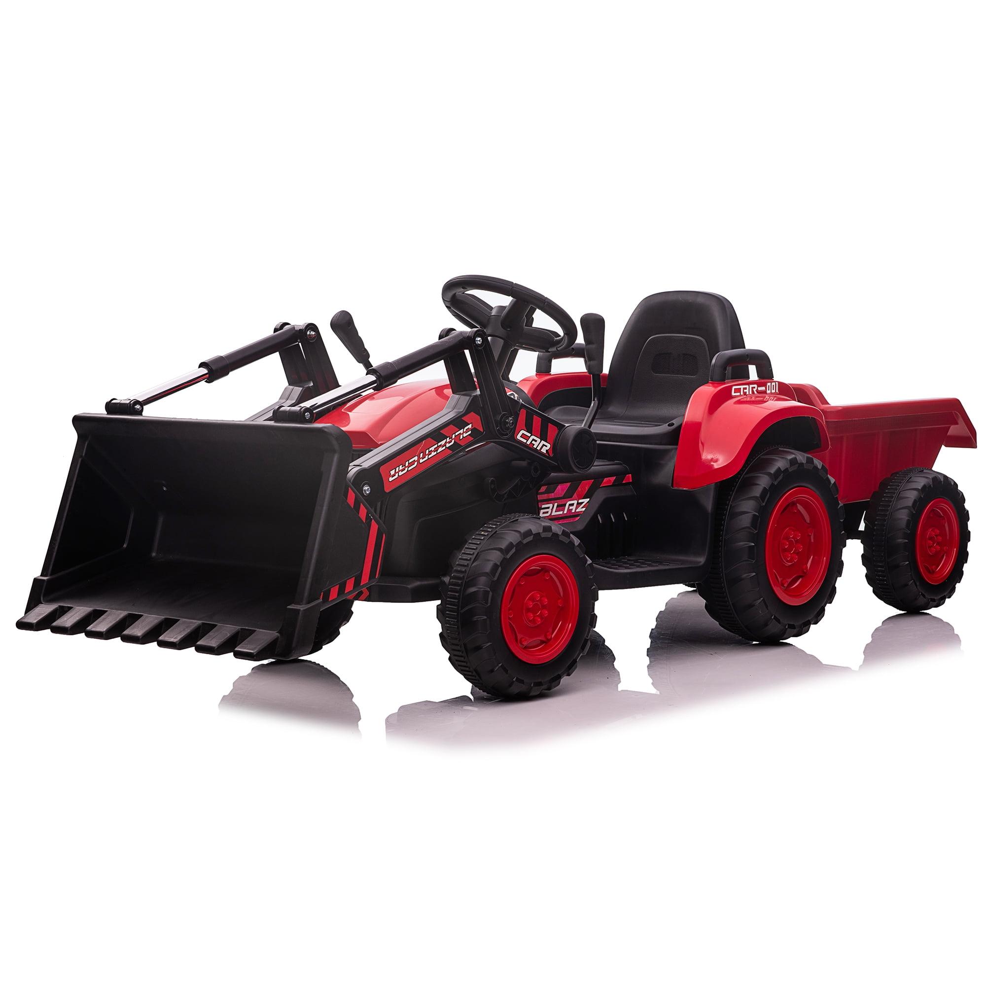 Red 12V Kids Ride-On Tractor with Trailer and Shovel Bucket