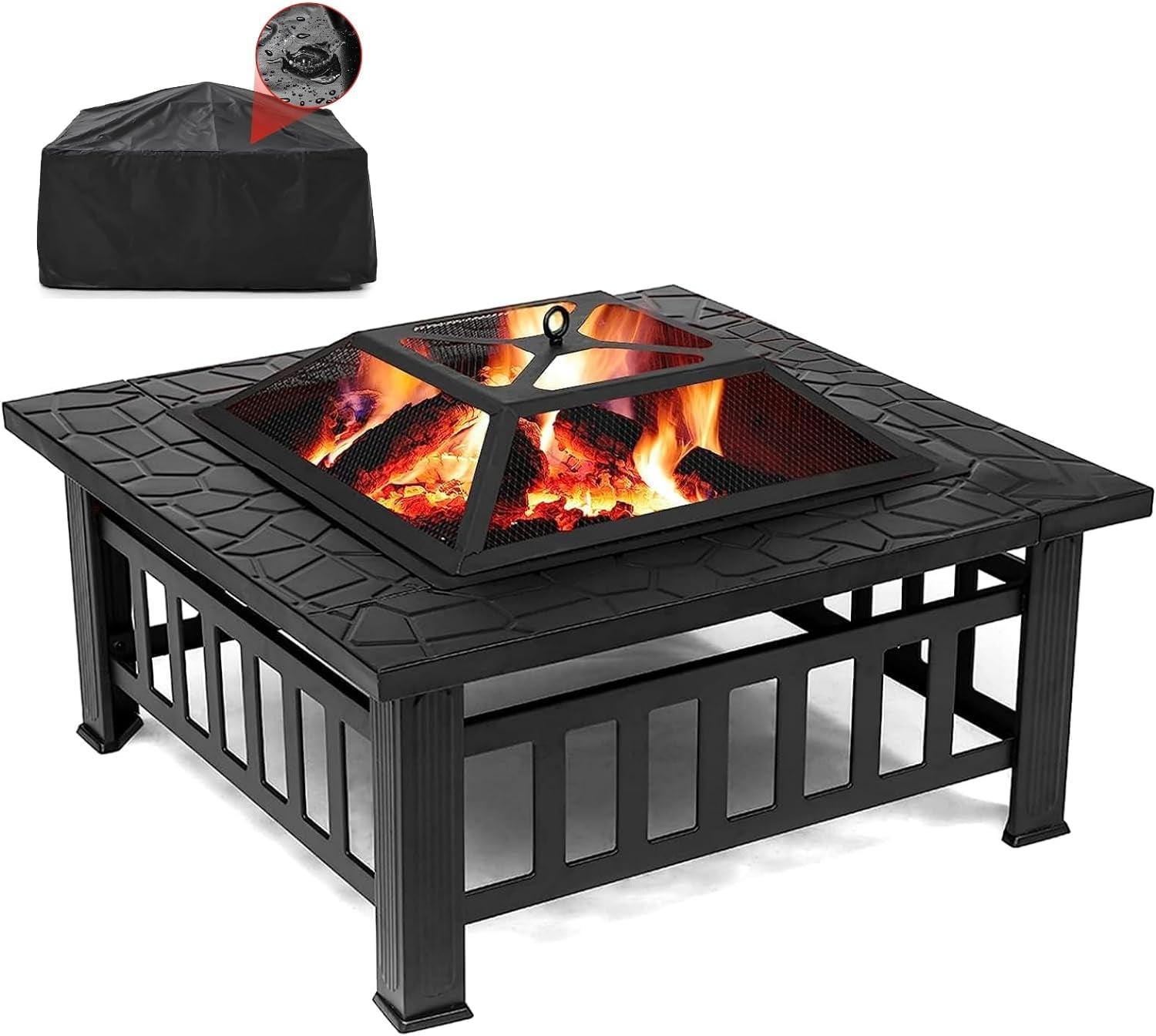 SINGLYFIRE 32 Inch Fire Pit with Table for Outside Square Metal Firepit Black