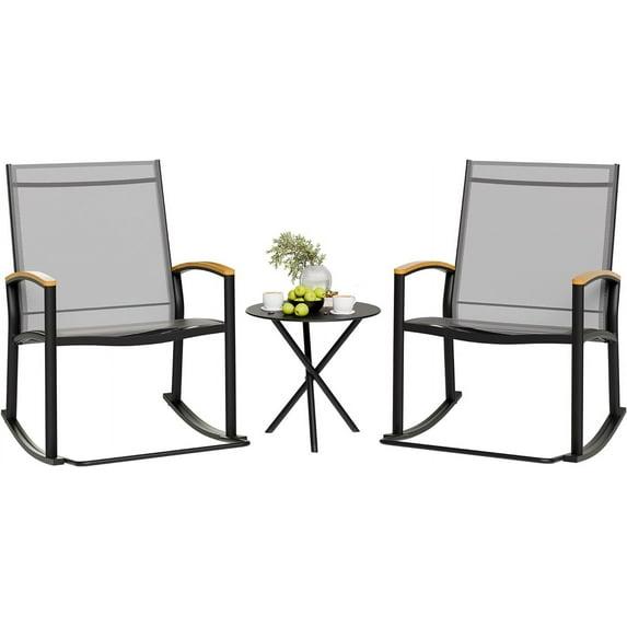 3 Piece Outdoor Rocking Bistro Set, Textilene Fabric Small Patio Furniture Set, Front Porch Rocker Chairs Conversation Set with Table for Lawn, Garden, Balcony, Poolside (Light Gray)