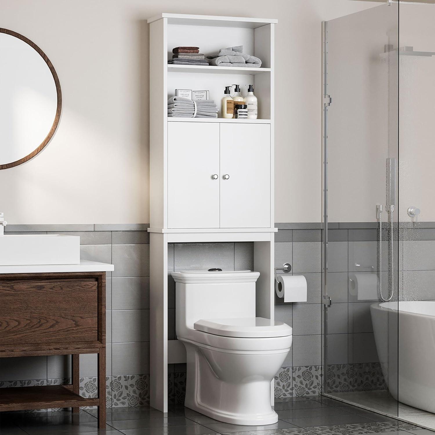 White Adjustable Over-the-Toilet Storage Cabinet with Doors