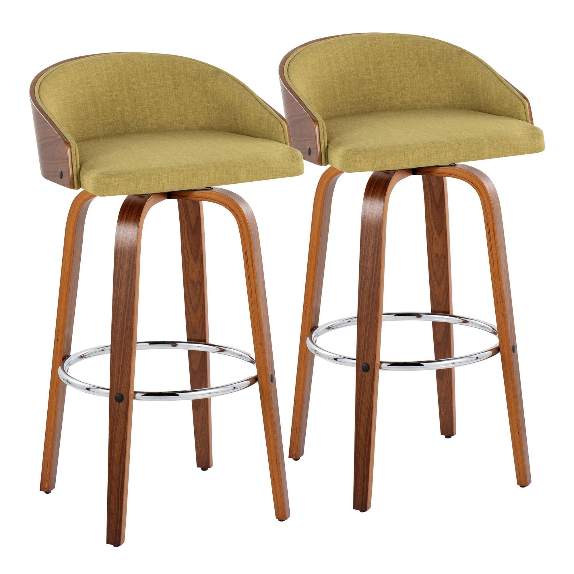 Walnut and Green Swivel Upholstered Bar Stool Set