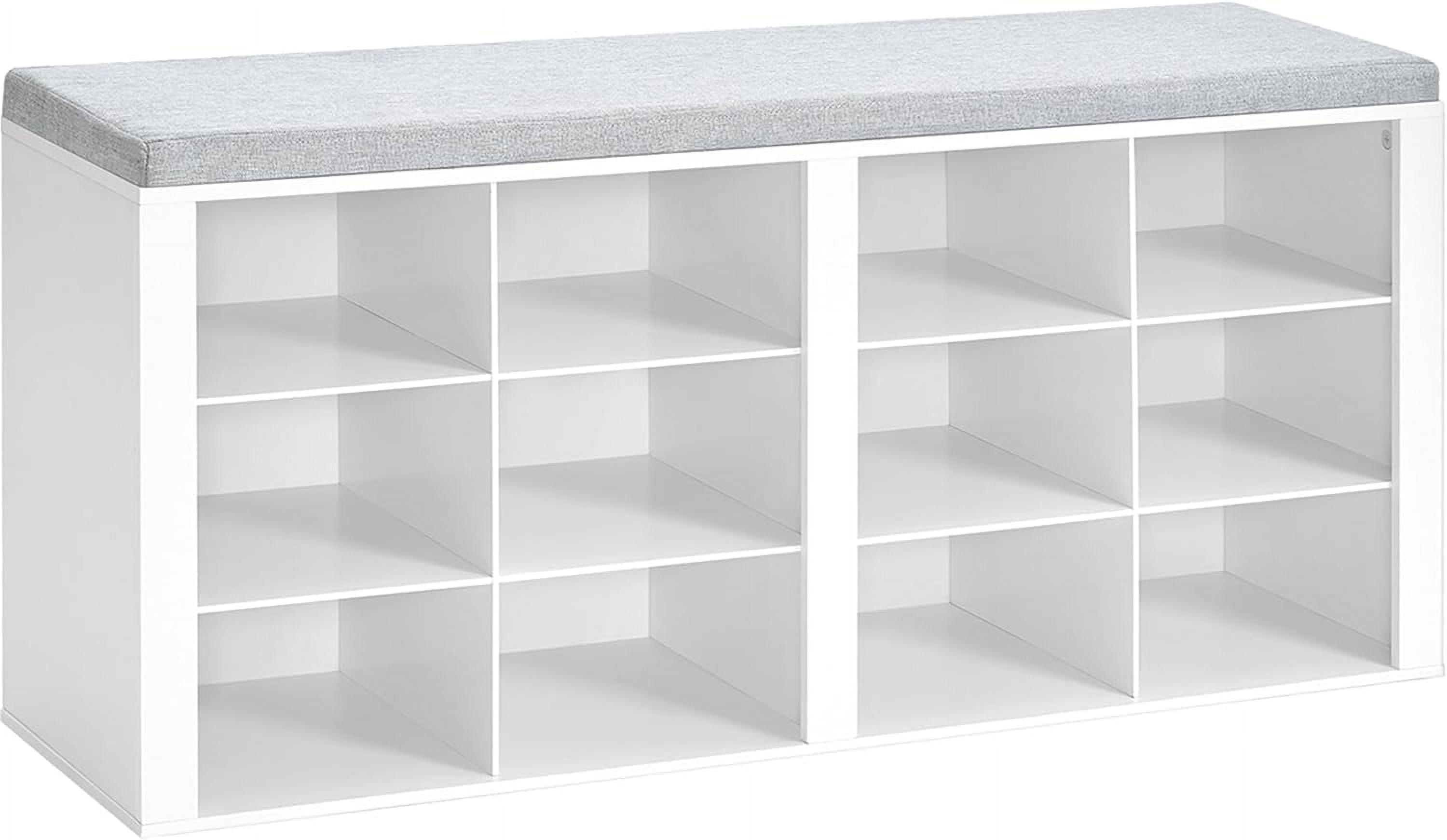 White Particleboard Shoe Storage Bench with Gray Cushion and 12 Cubbies