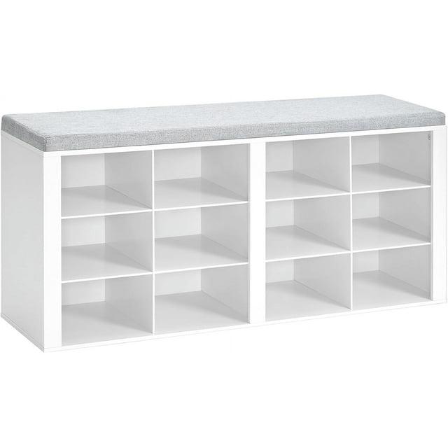 Shoe Bench with Cushion, Entryway Storage Bench with 12 Cubbies, Cubby Shoe Rack with Adjustable Shelves, Shoe Organizer Cabinet for Living Room, Bedroom, Entryway, White SB19003GY