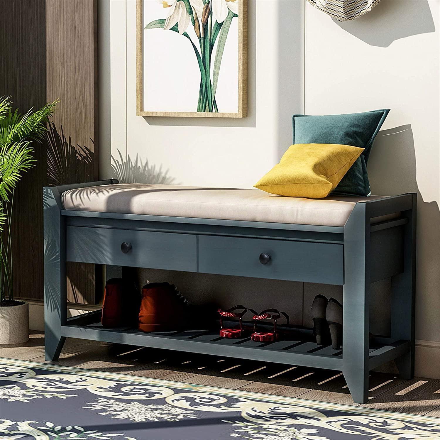 Antique Navy Pine Wood Entryway Bench with Storage Drawers