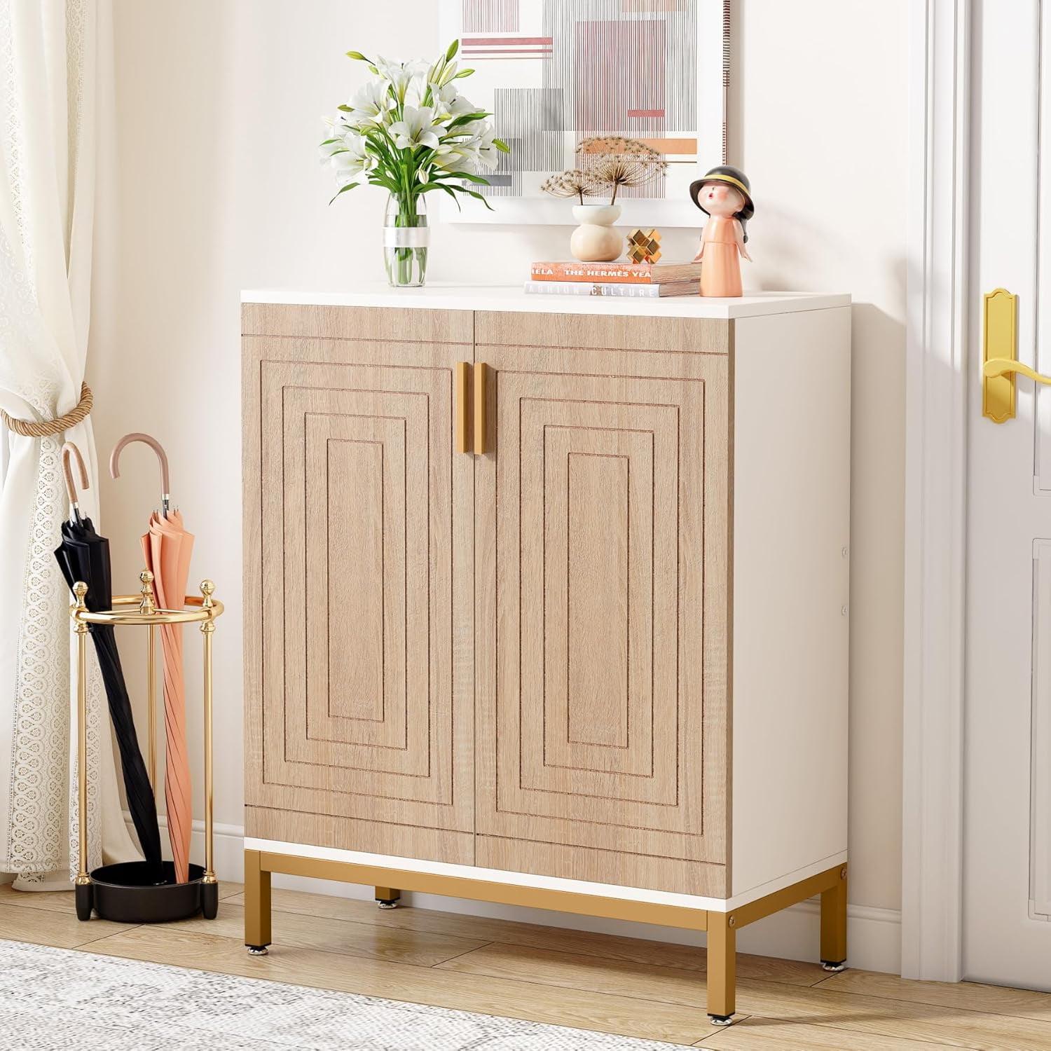 White and Natural 5-Tier Shoe Cabinet with Geometric Doors