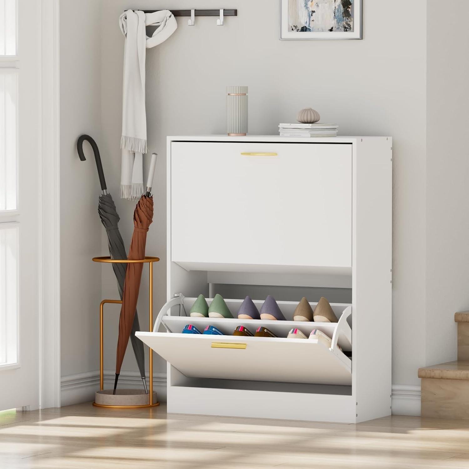 White Engineered Wood Freestanding Shoe Cabinet with Flip Drawers