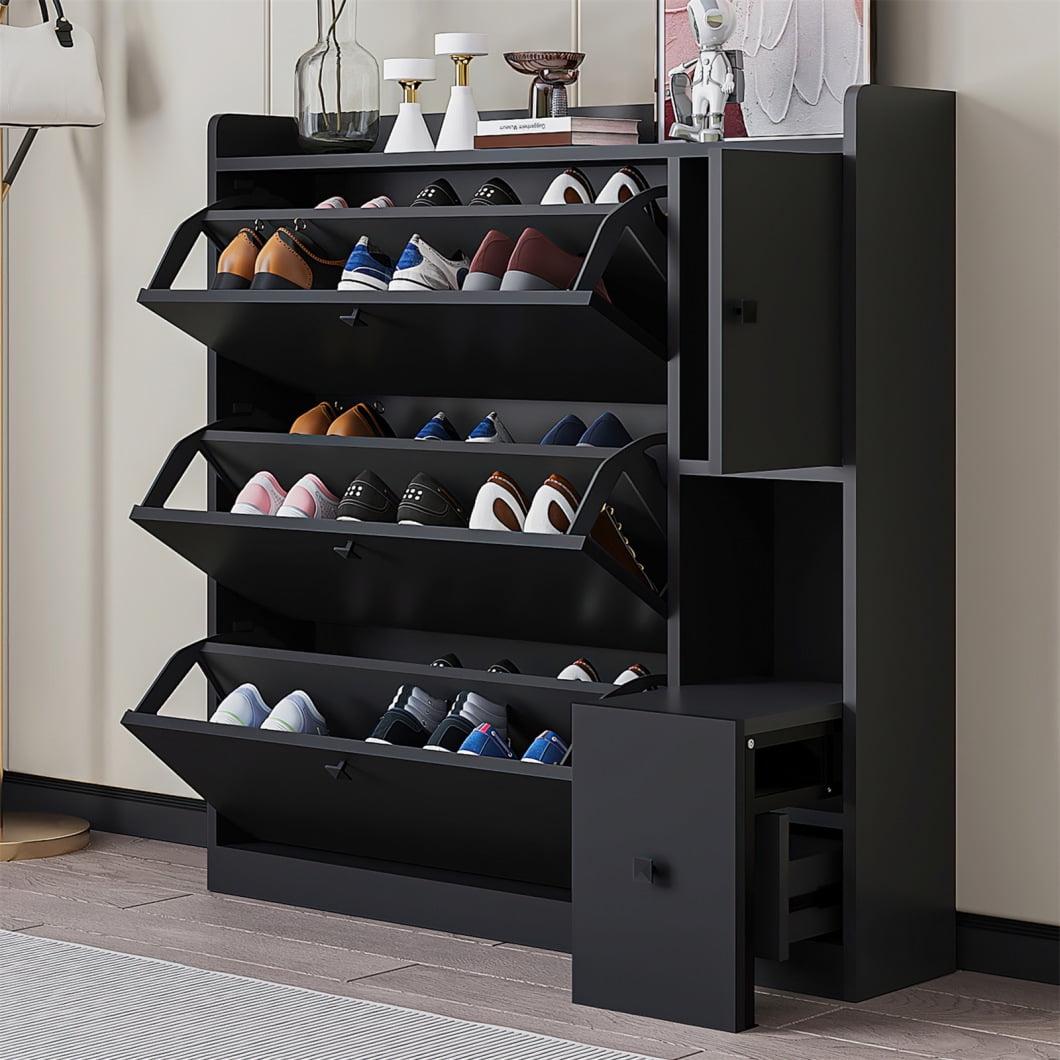 Churanty Shoe Cabinet with Pull Down Seat and 3 Flip Drawers, Maximum Storage Entryway Organizer, Free Standing Rack for Hallway,Black