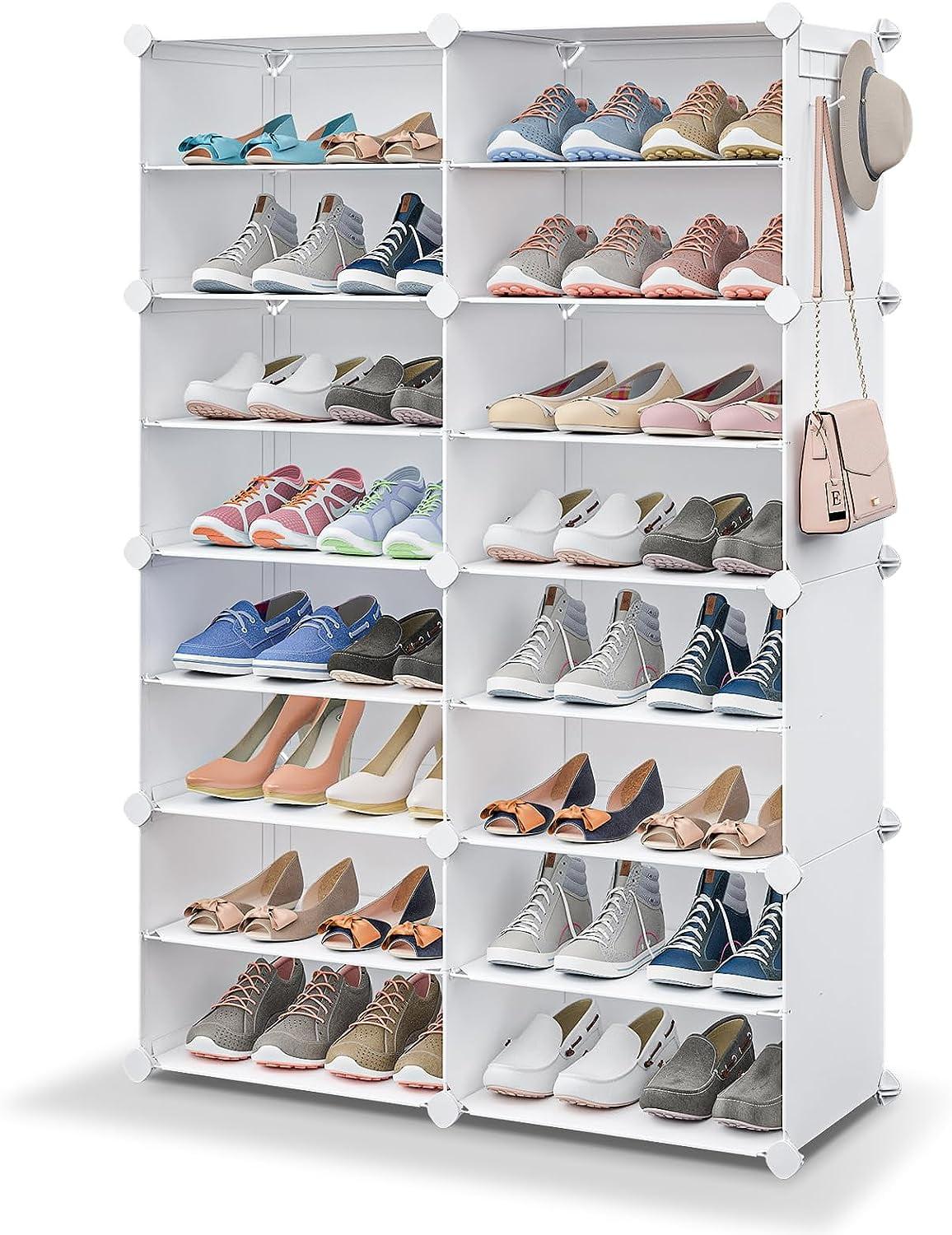 Shoe Rack, 8 Tier Shoe Storage Cabinet with Door, 32 Pair Shoe Organizer Shelves for Closet Hallway Bedroom Entryway, White