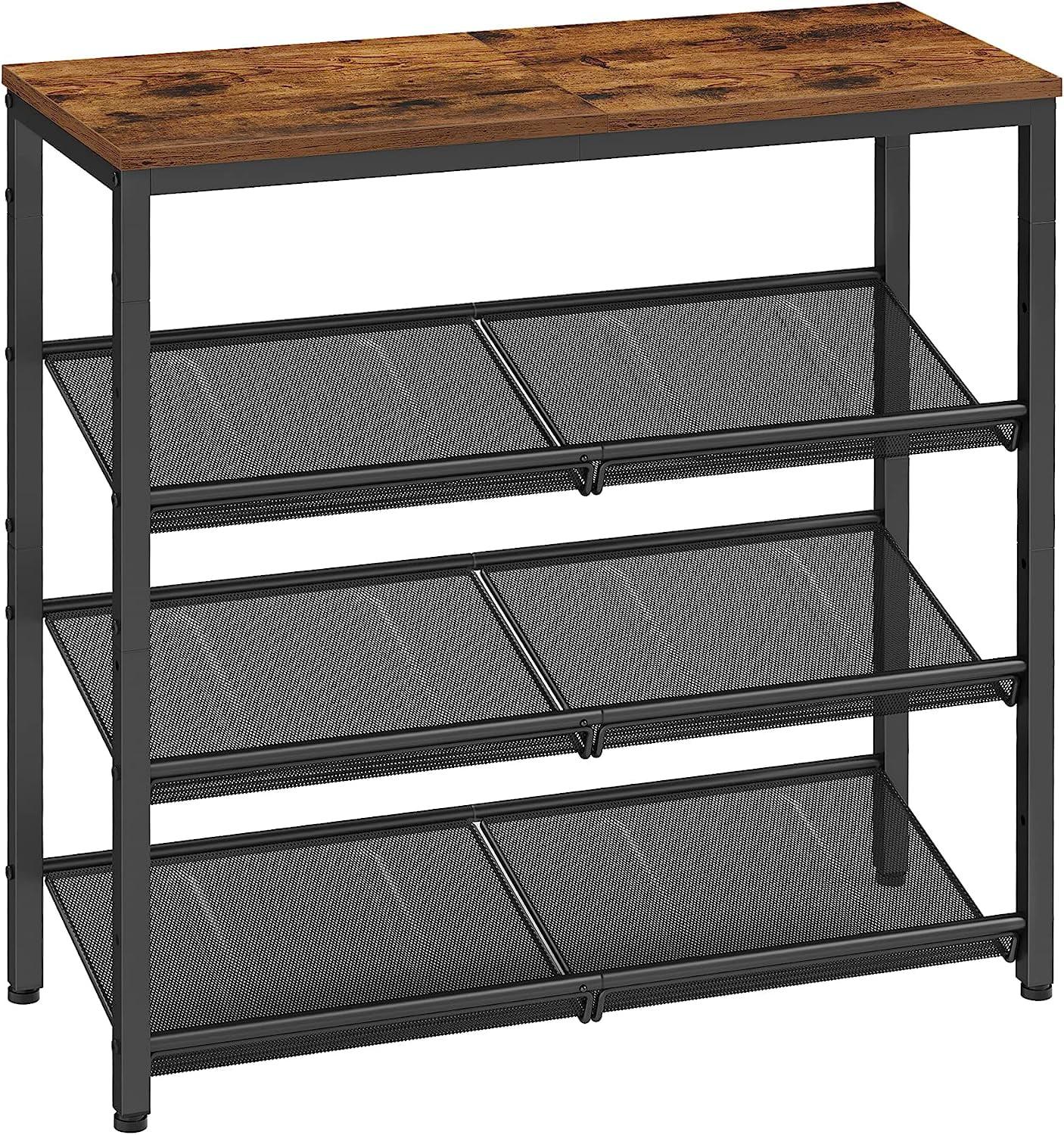 VASAGLE 4 Tier Shoe Rack for Entryway - Holds 12-15 Pairs, Sturdy Wooden Top, Industrial Style