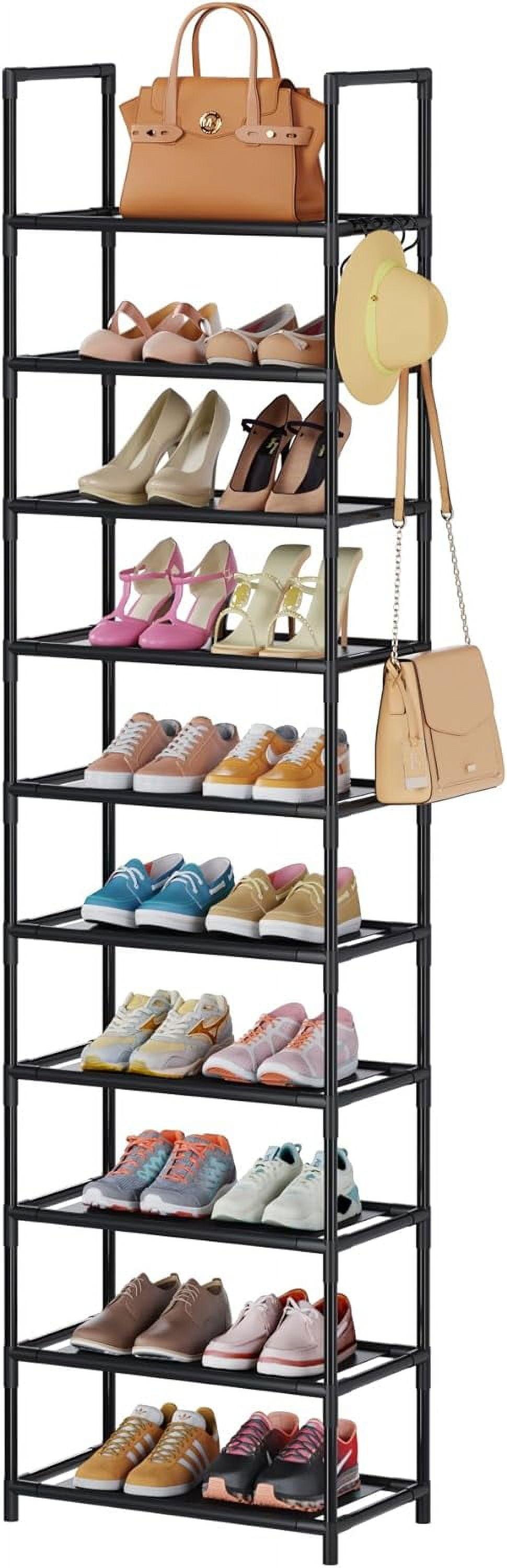 Shoe Rack Organizer, 10 Tier Tall Shoe Rack for Closet Entryway - Holds 20-25 Pairs with Hooks