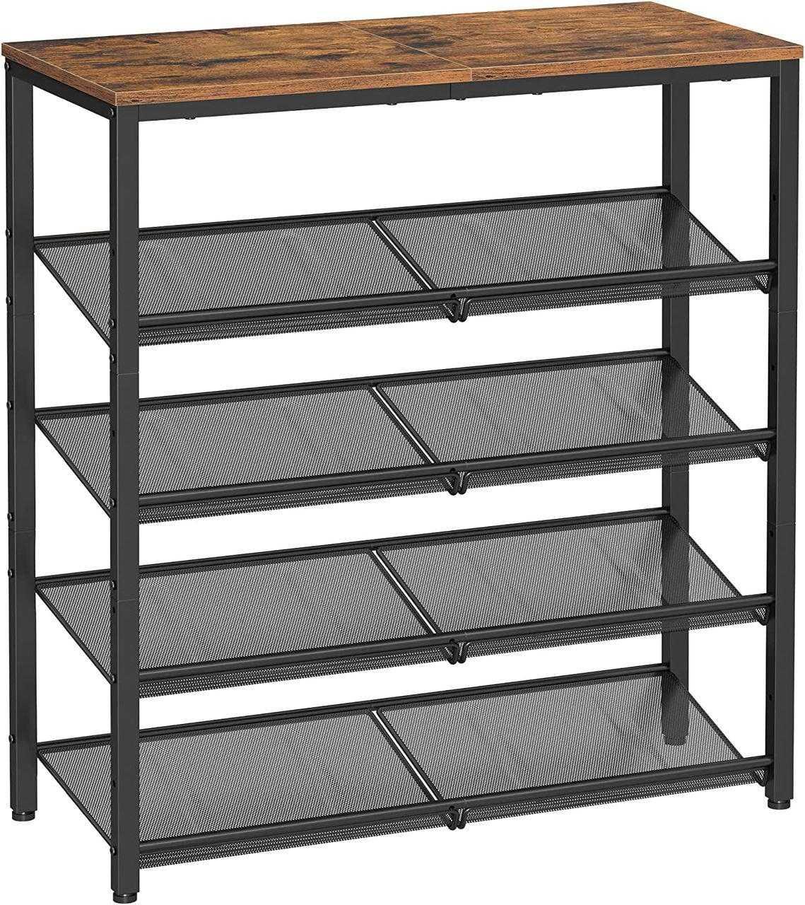 Industrial Honey Brown and Black 5-Tier Shoe Rack with Wooden Top