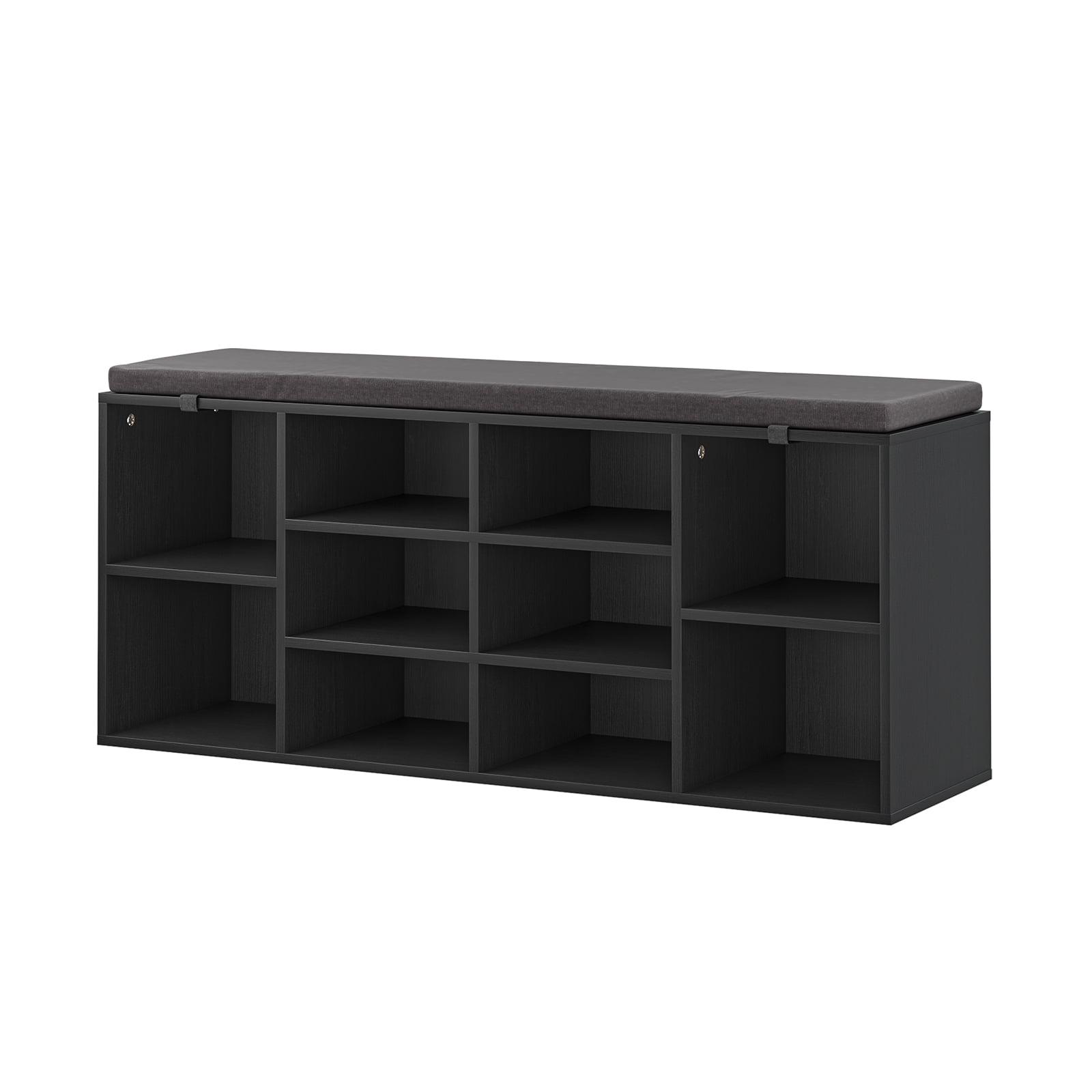 Black Particle Board Shoe Storage Bench with Padded Seat and 10 Cubbies