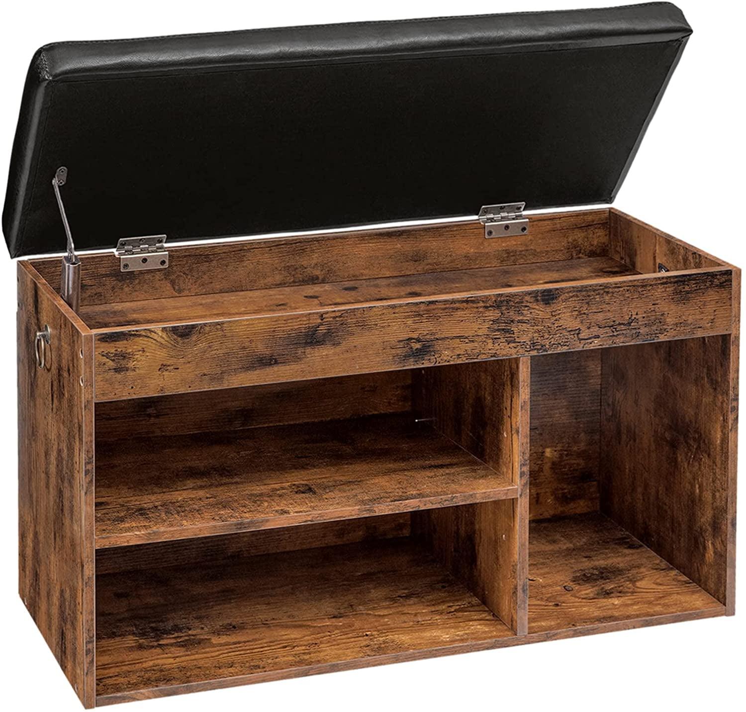 Shoe Storage Bench with Padded Cushion, Entryway Bench with Flip-Open Storage Box and Adjustable Shelf, Shoe Rack with Hidden Compartment, for Entryway, Living Room, Rustic Brown BF40HX01