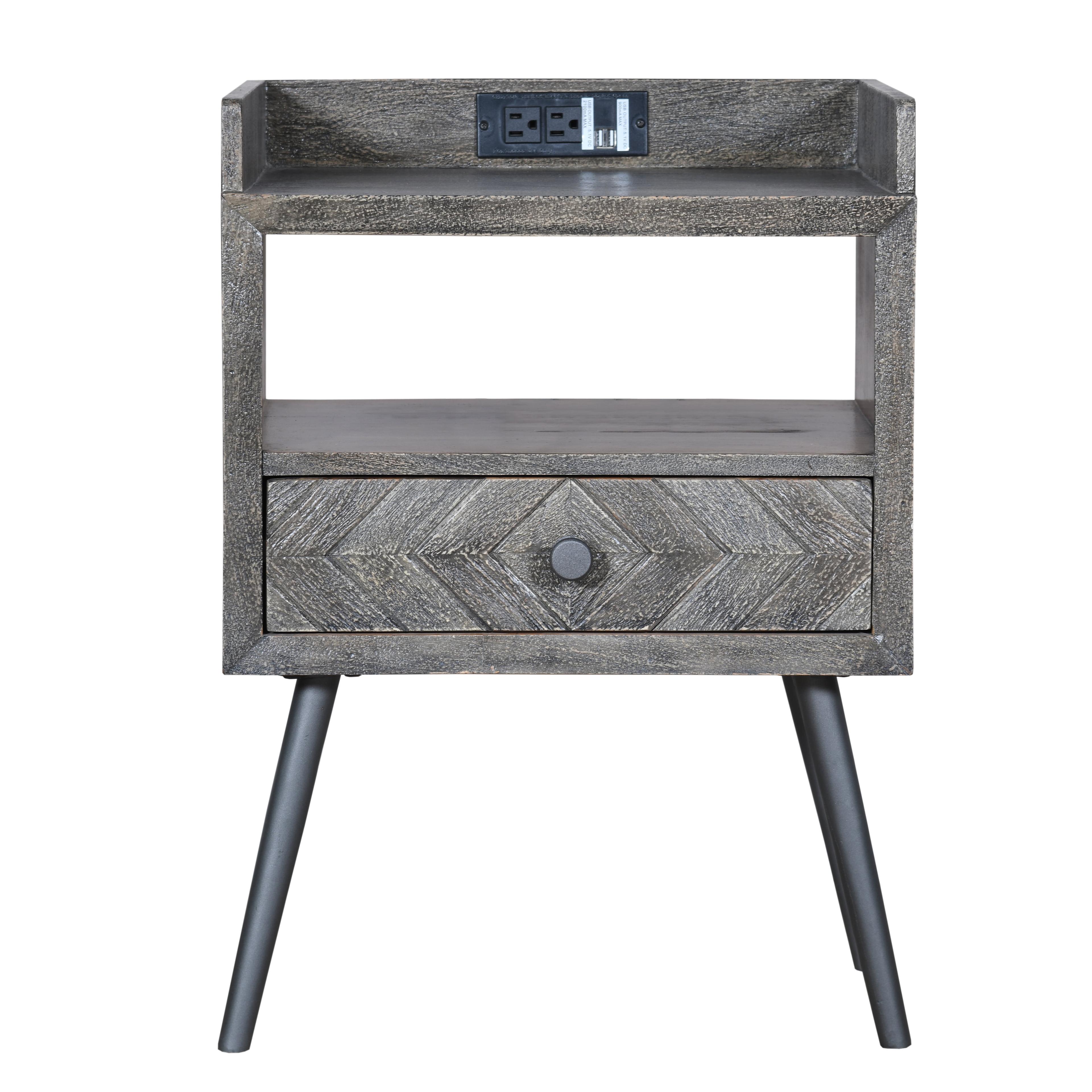 Shon 25 Inch Raised Top Wood End Side Table Nightstand with USB, Power Outlet, Distressed Gray